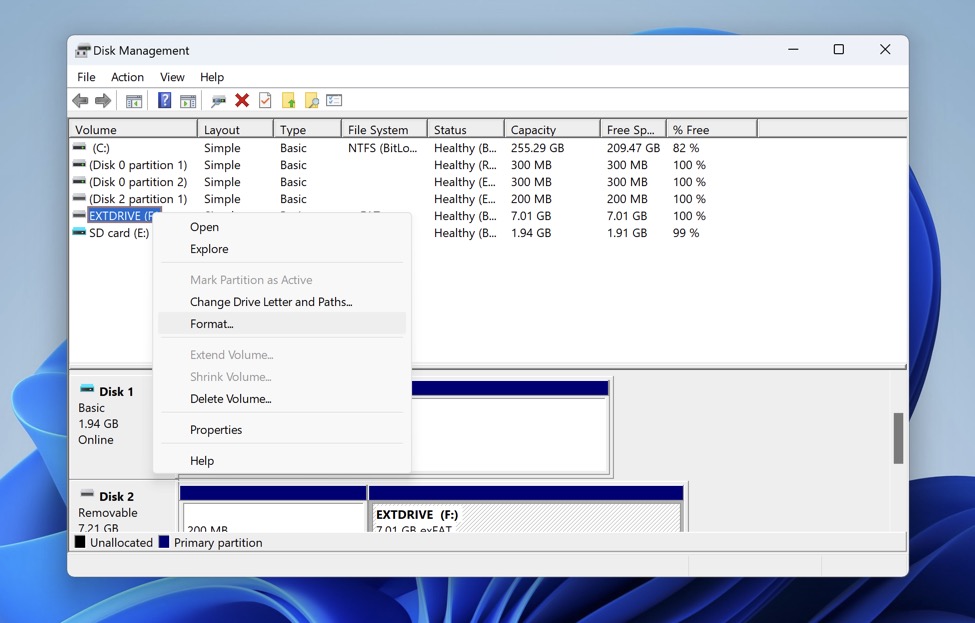 disk management format external drive