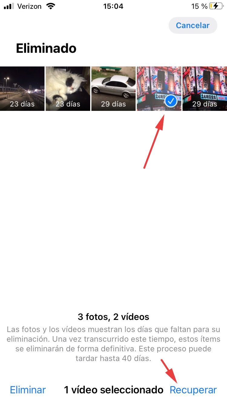 seleccionar y recuperar video de borrado recientemente