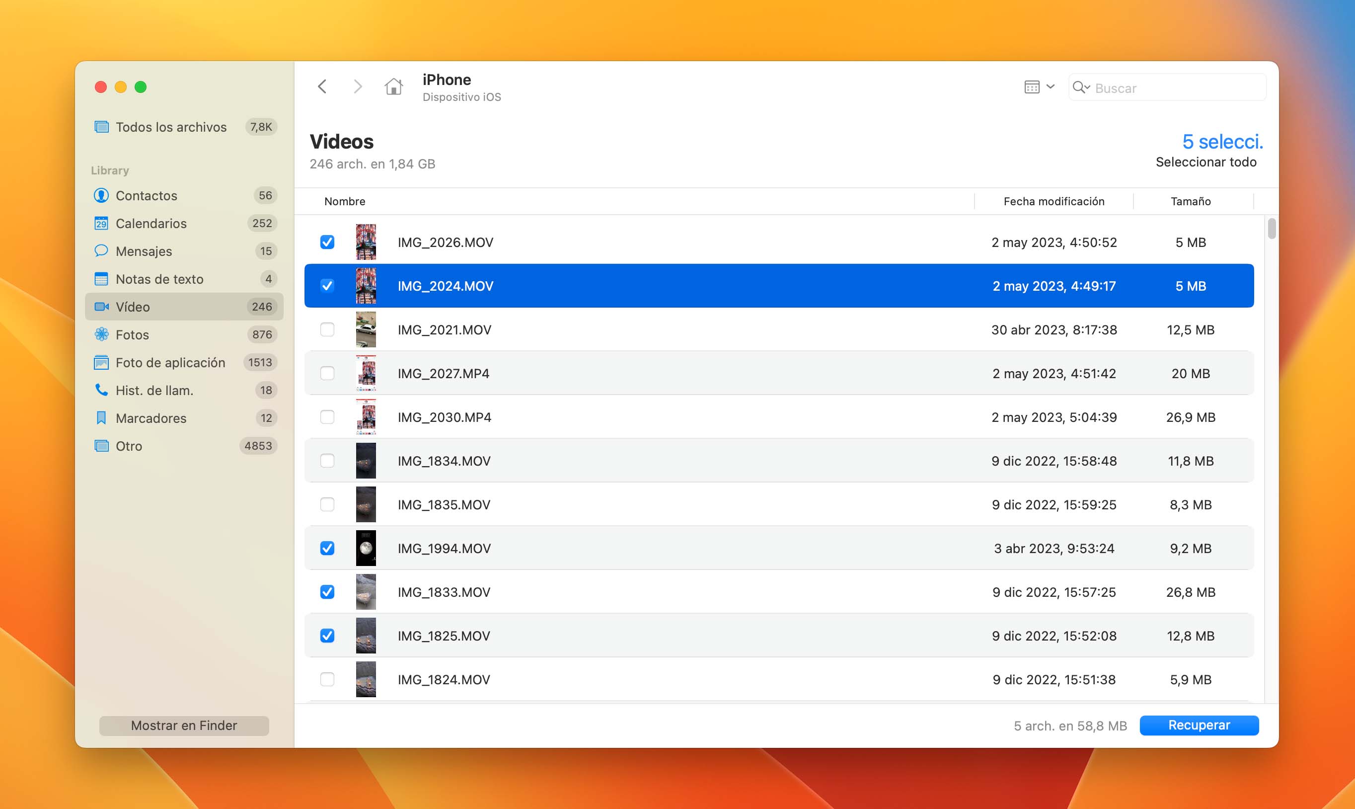 seleccione videos para recuperar y haga clic en recuperar