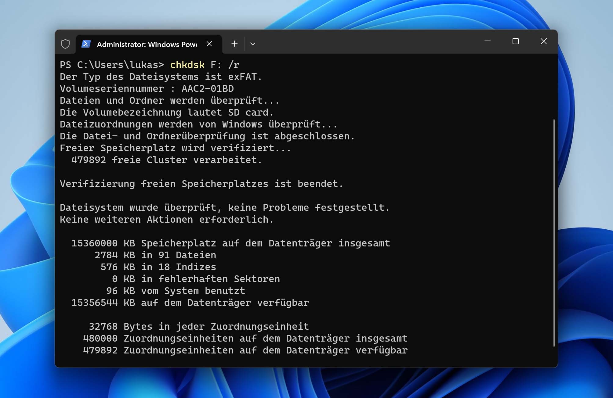 Scannen der SD-Karte mit CHKDSK