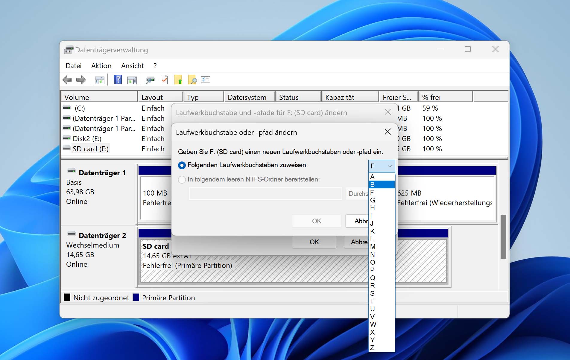 SD-Karte einen neuen Laufwerksbuchstaben zuzuweisen