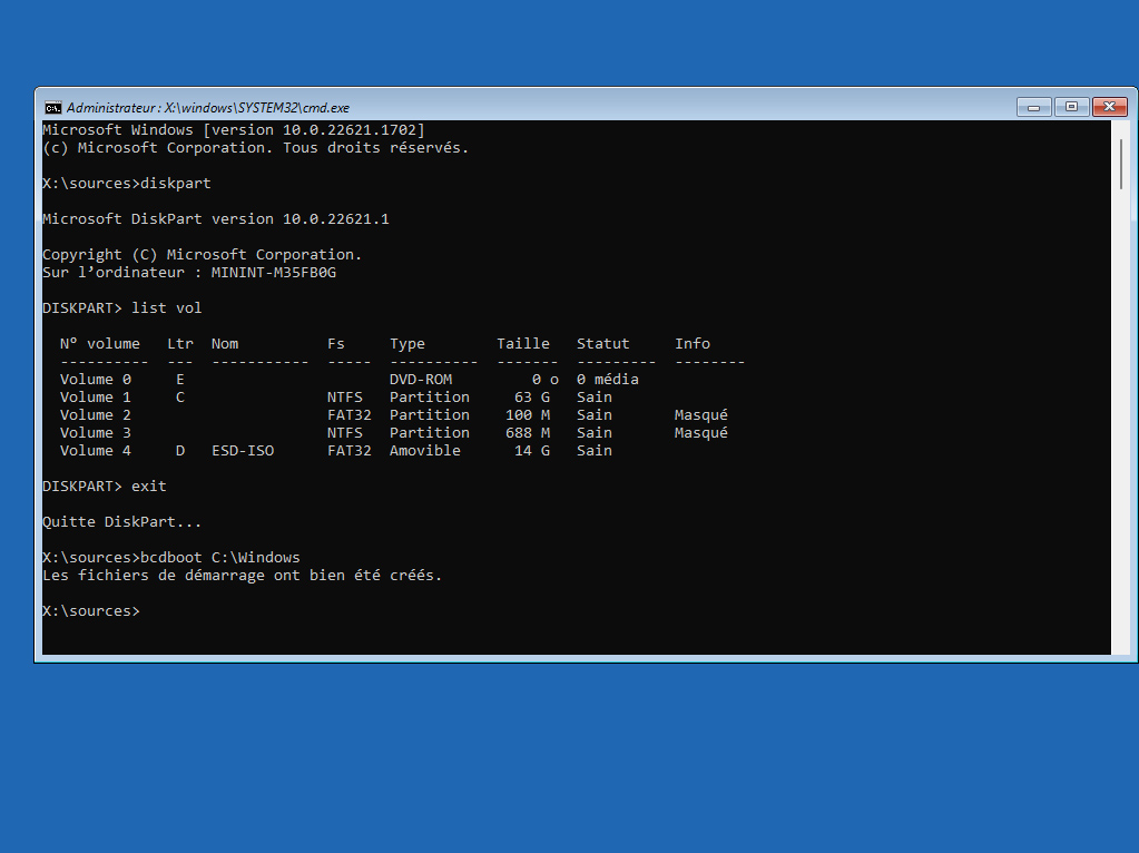 exécuter la commande bcdboot
