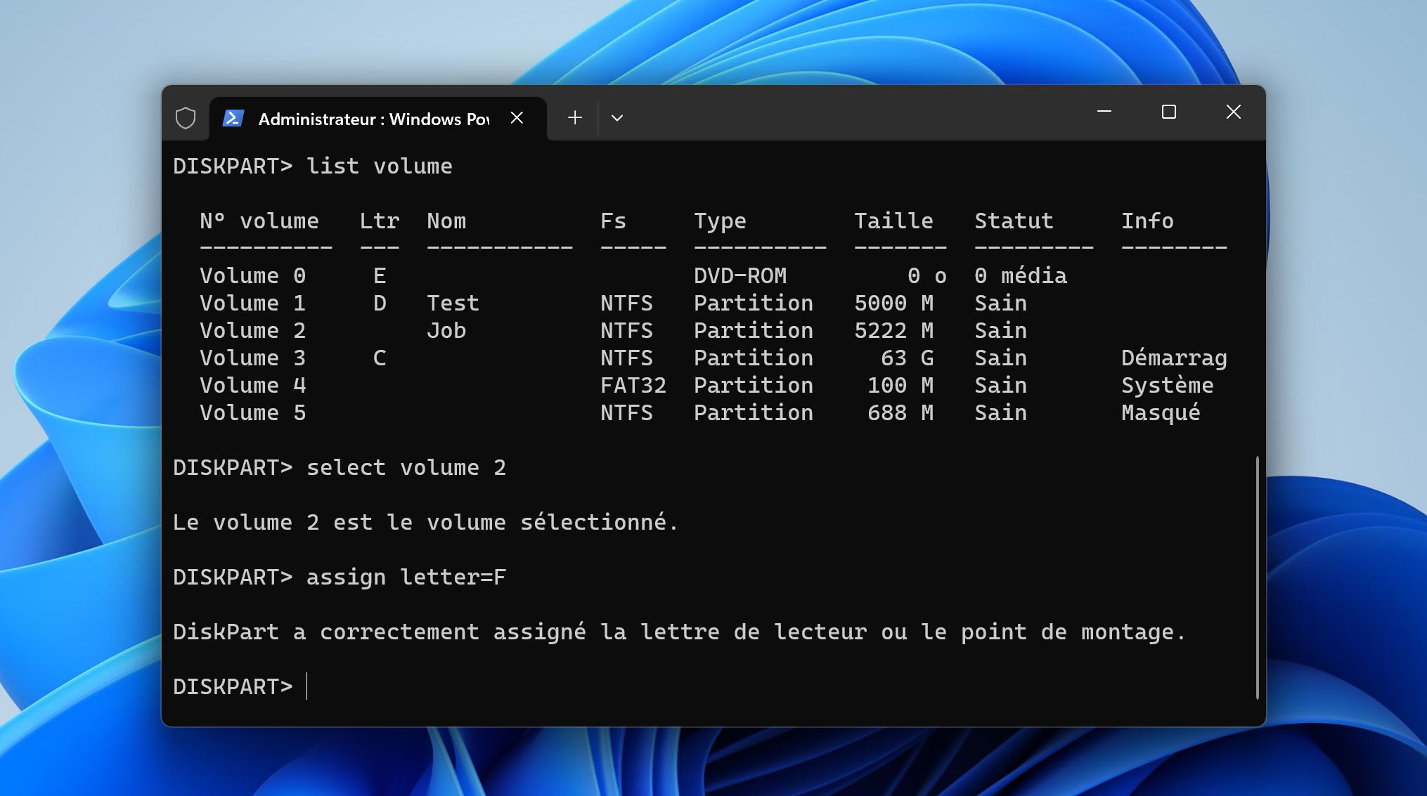 attribuer une lettre pour le volume avec diskpart