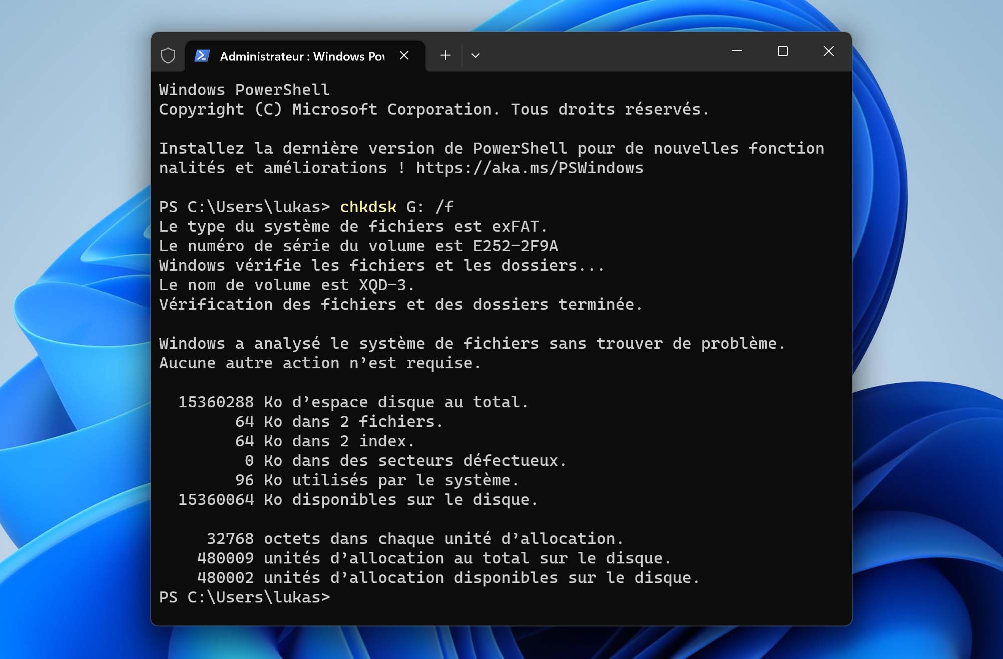 Commande CHKDSK avec CMD