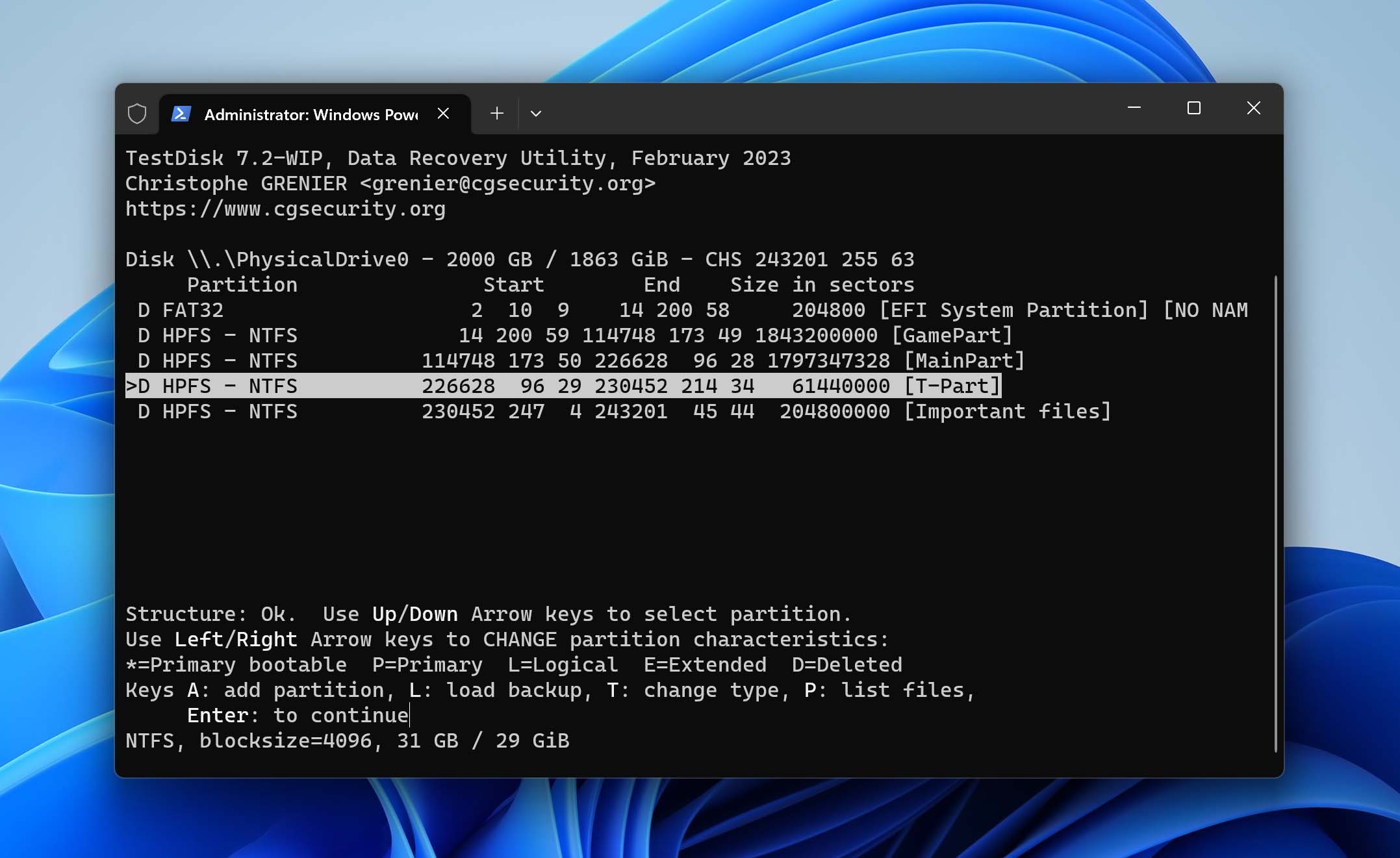 sélectionner la partition dans testdisk