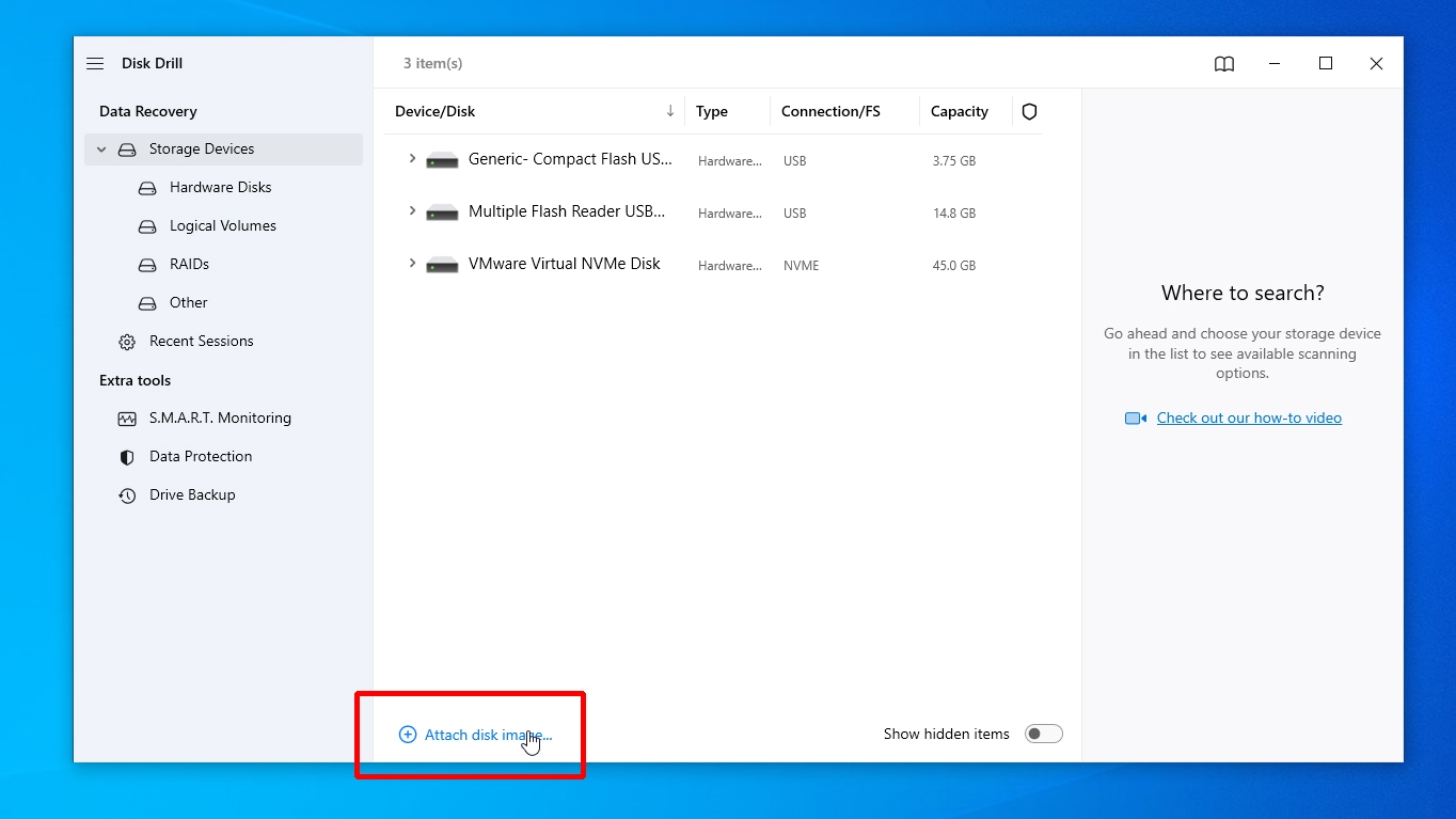 Disk Drill Attach Disk Image