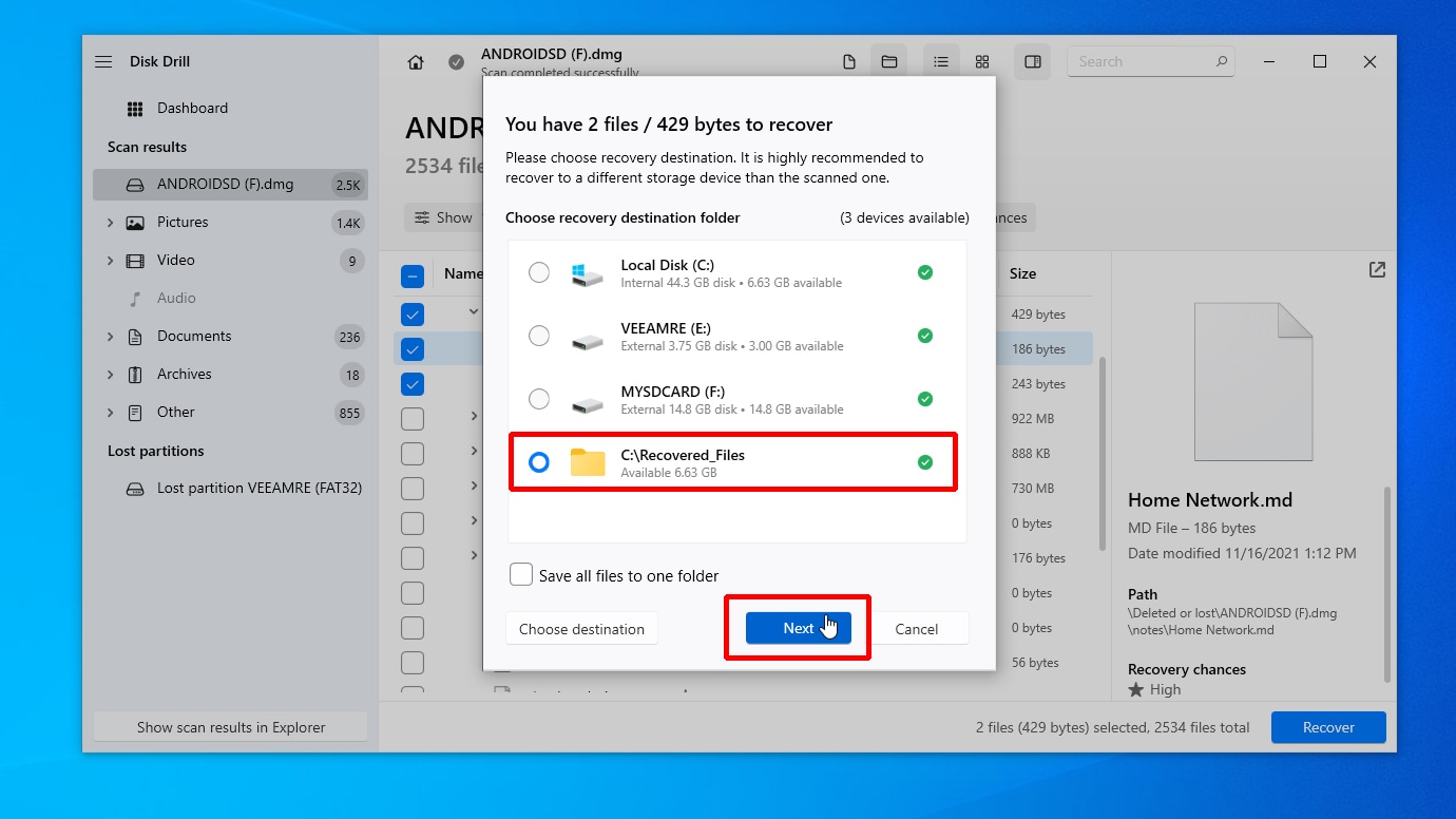 Disk Drill Choose Recovery Destination Folder