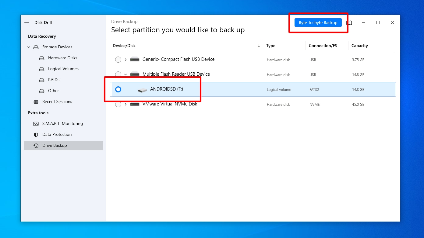 Disk Drill Select Partition to Backup