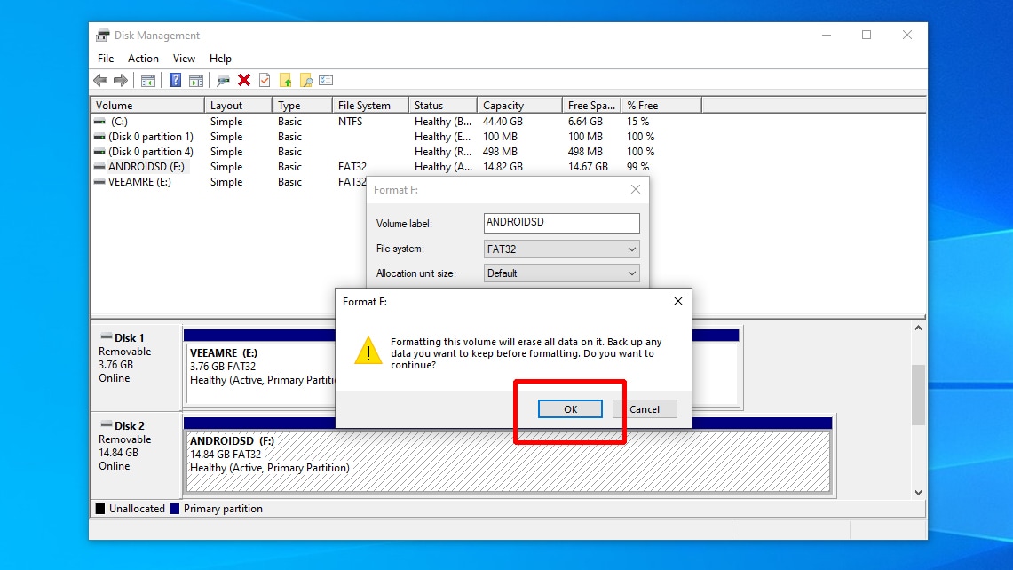 Disk Management Format Warning