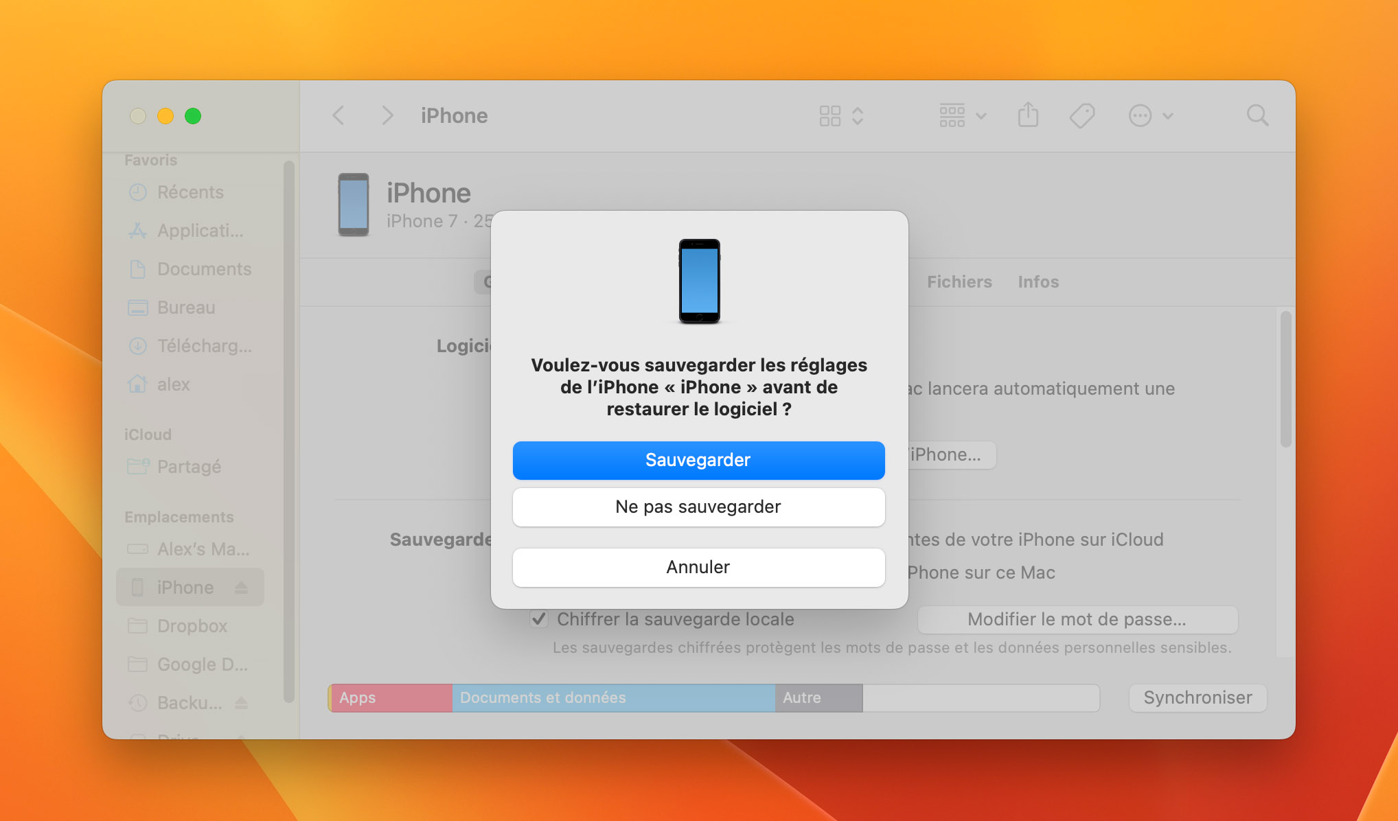 autoriser le finder à sauvegarder l'iphone