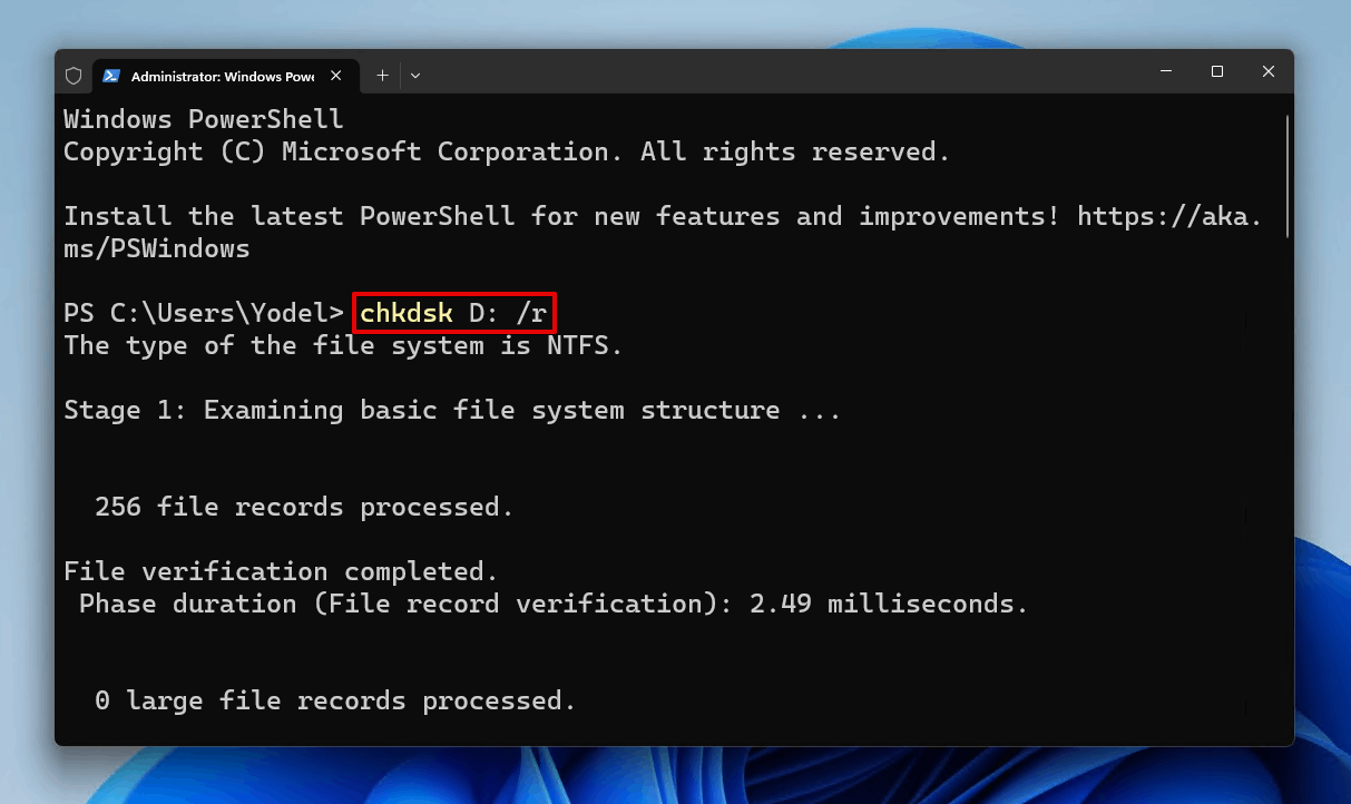 Running the CHKDSK command.