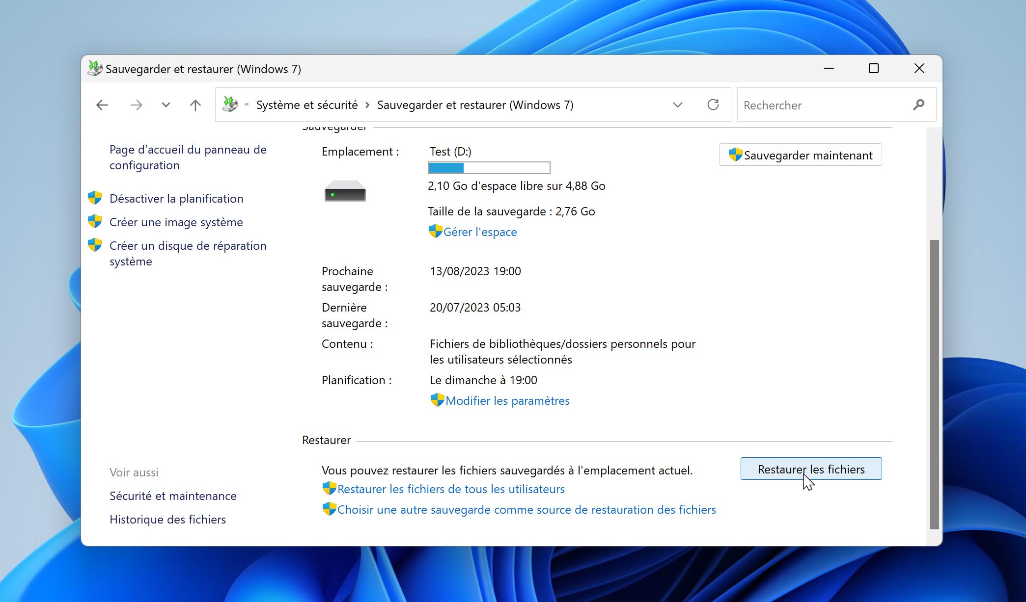 Cliquez sur Restaurer mes fichiers