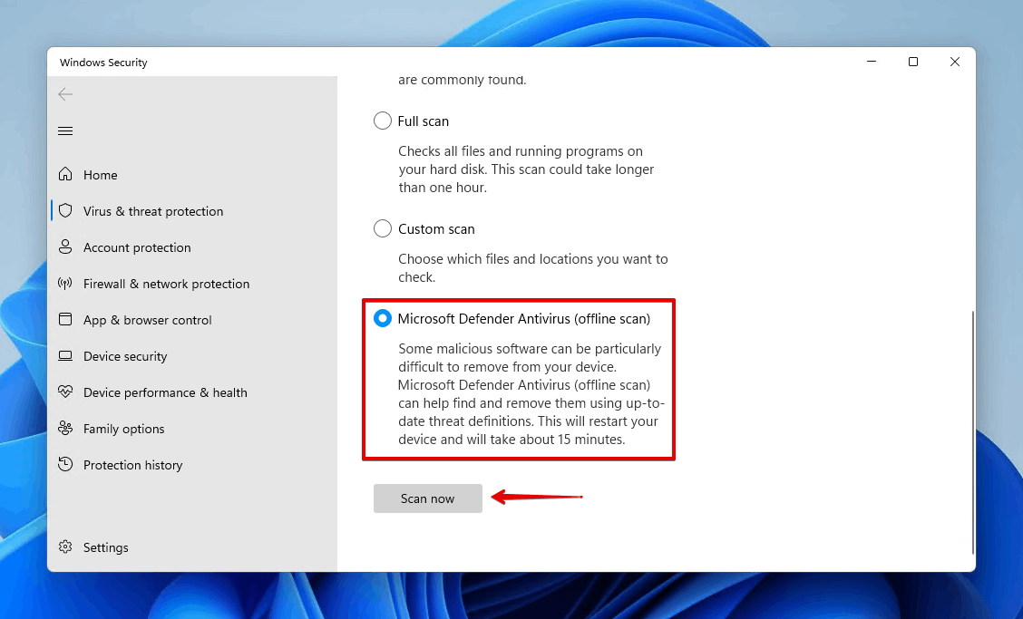 Performing an offline scan with Microsoft Defender.