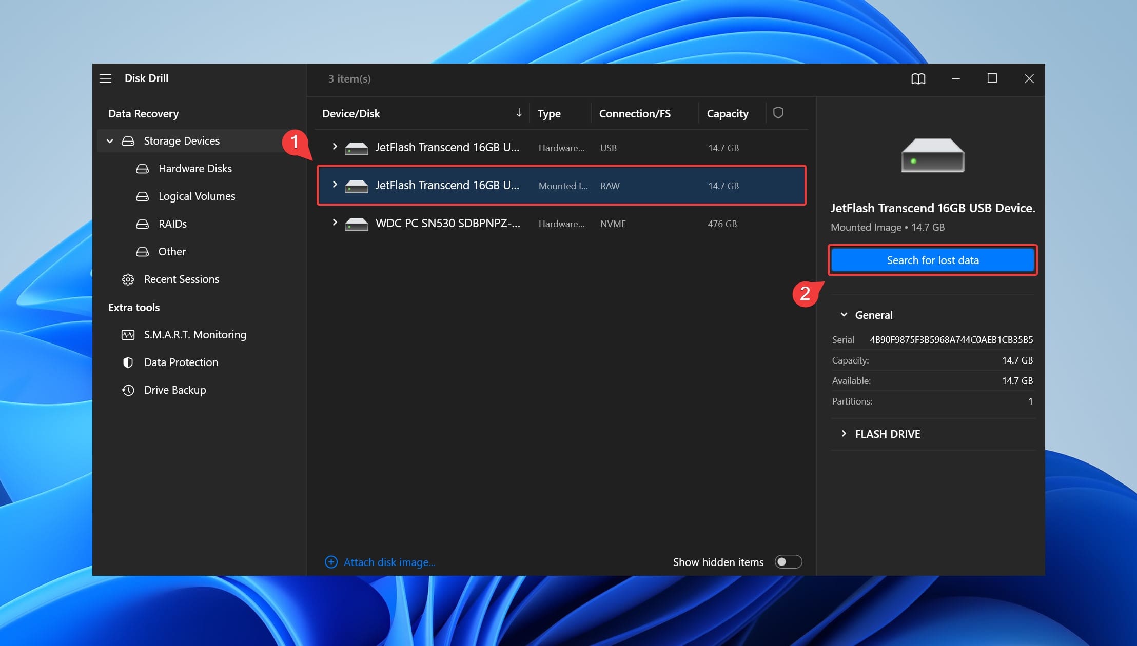 selecting drive on disk drill