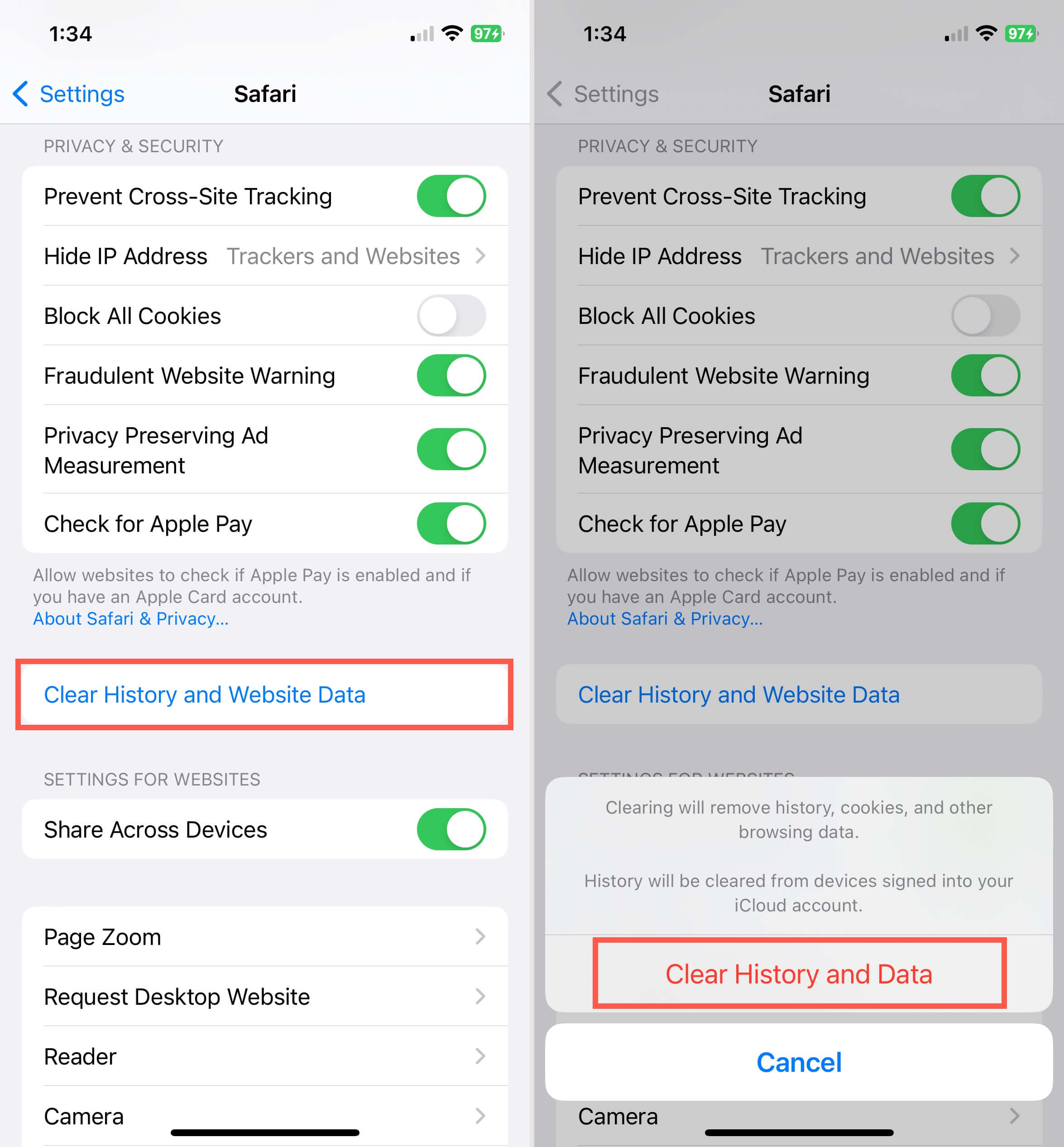 Clear History and Website Data in the Settings 