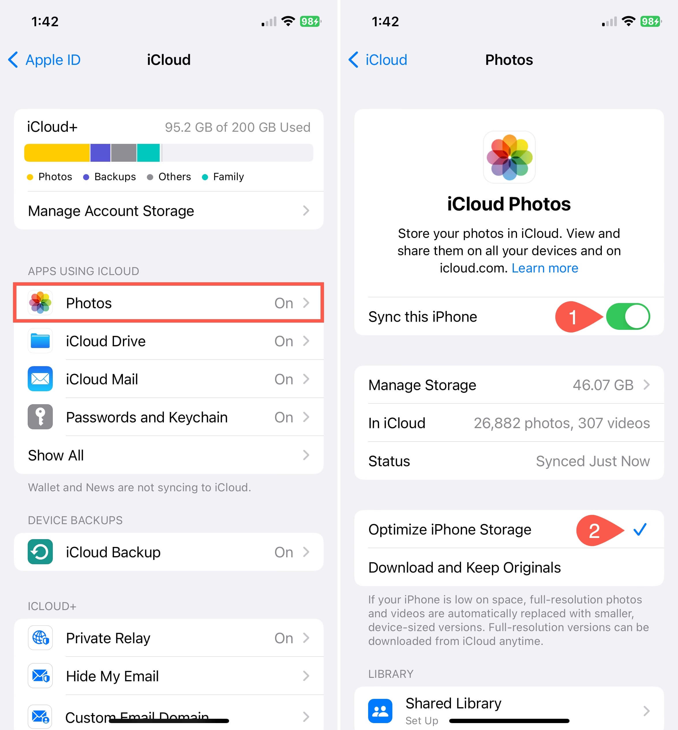 iCloud sync toggle and Optimize iPhone Storage selected