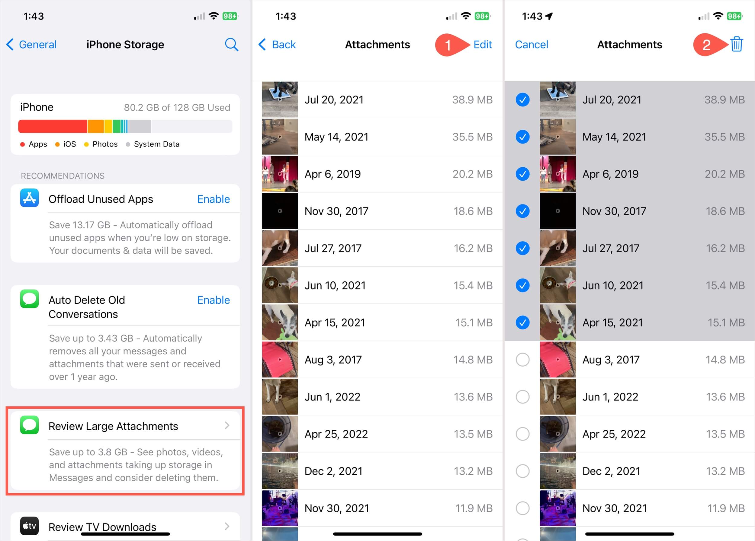 Review Large Attachments in iPhone Storage