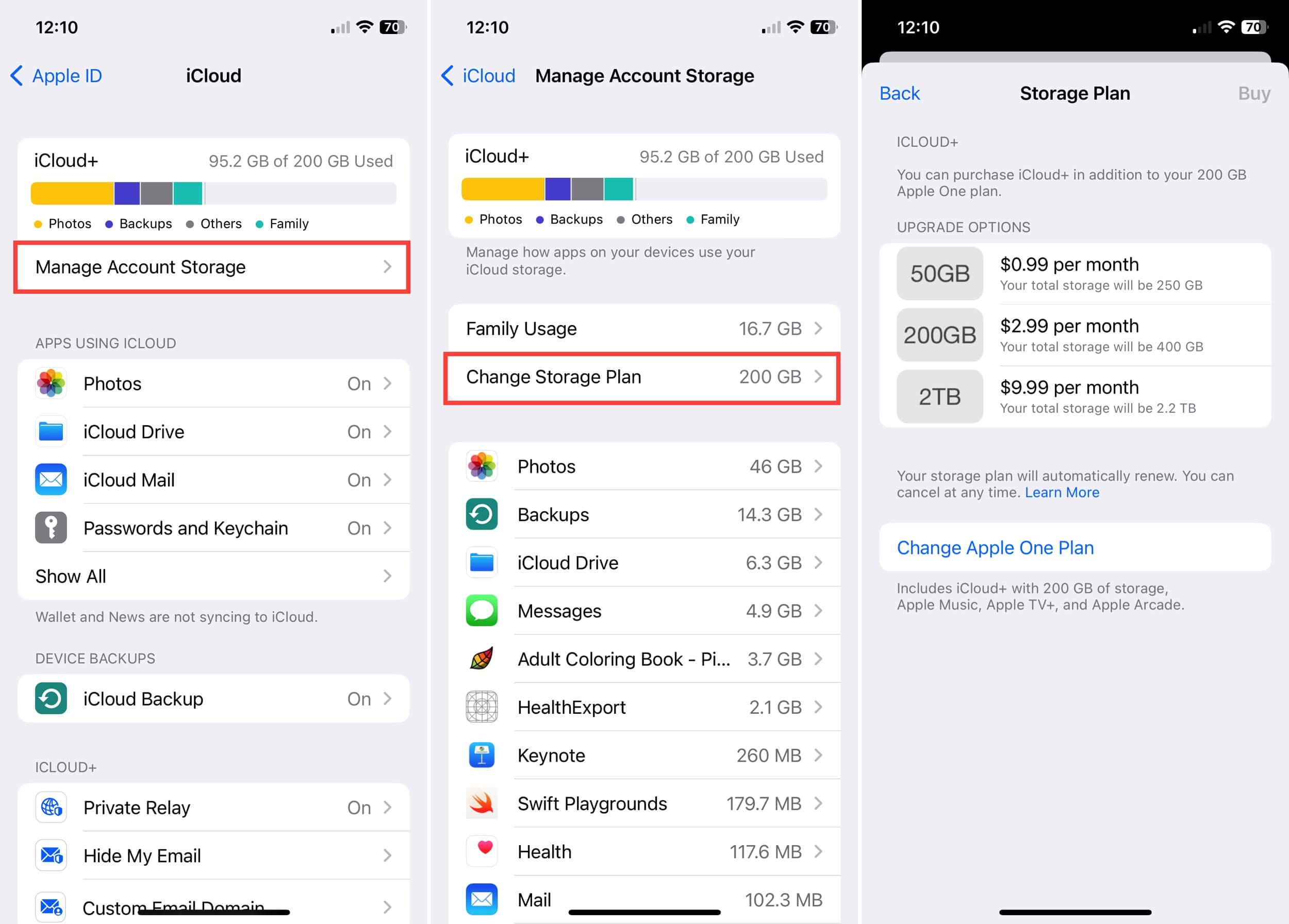 Manage Account Storage and Change Storage Plan options