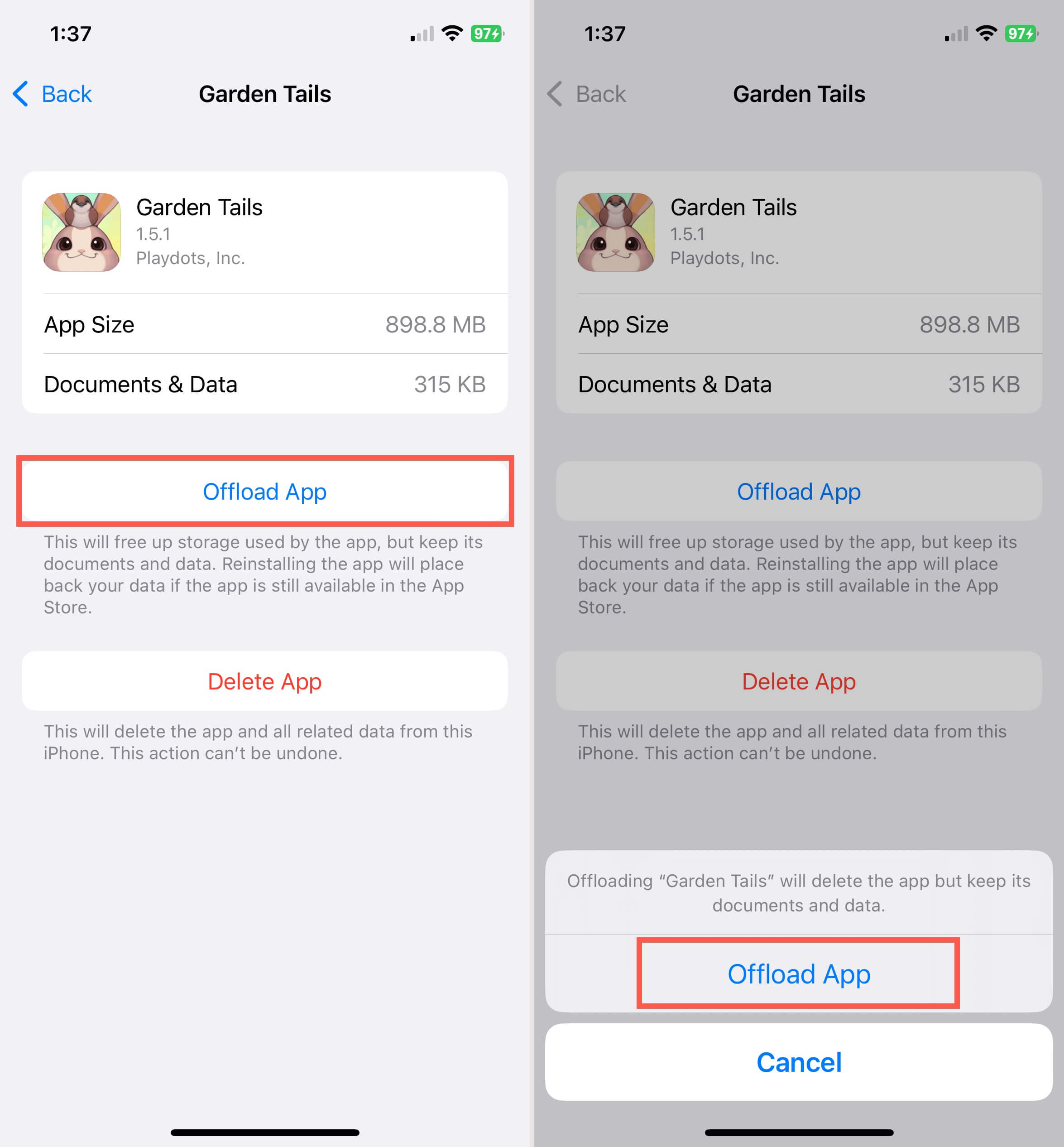 Offload App in the app settings