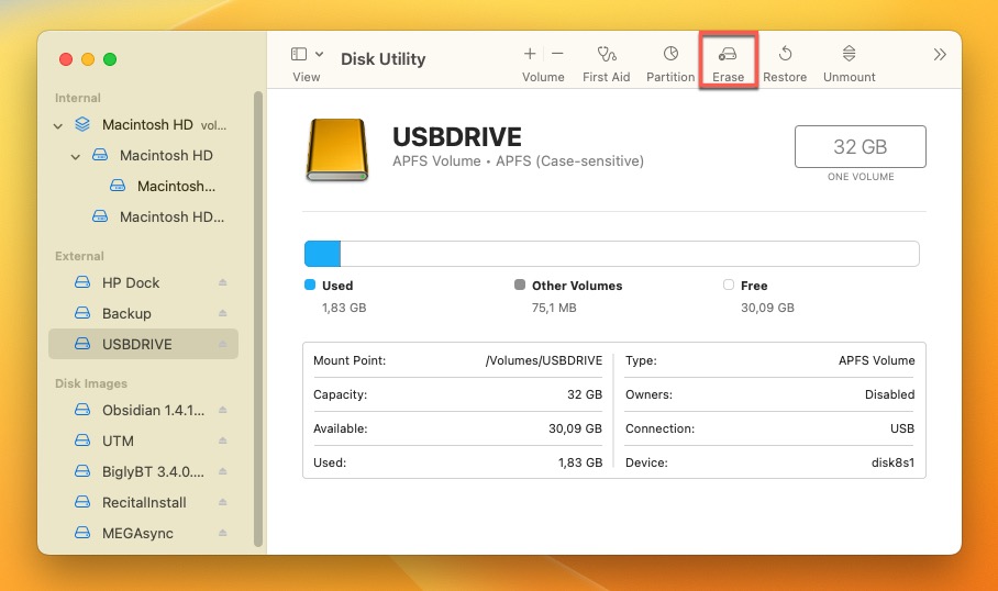 disk utility erase option highlighted