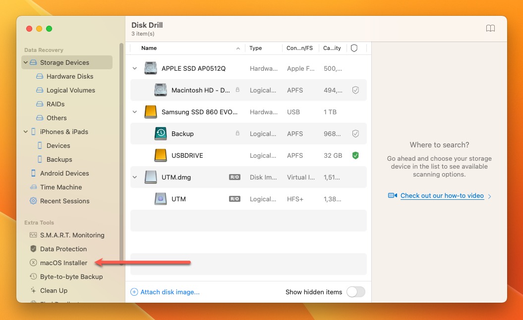 macos installer disk drill tool highlighted