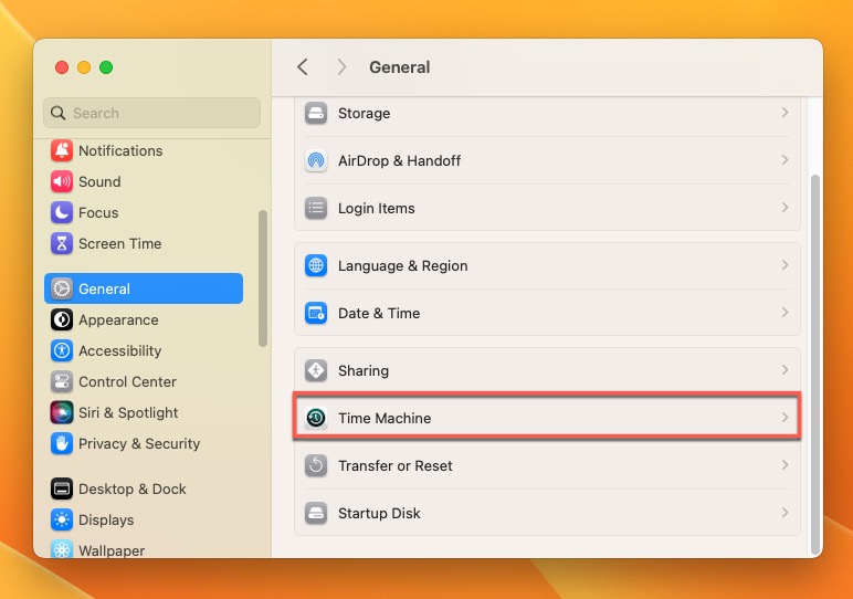 time machine system settings highlighted
