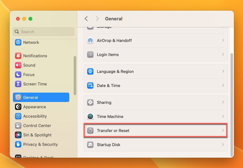 transfer or reset option highlighted