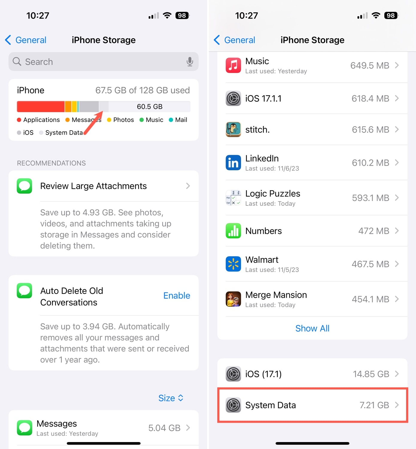 System Data in Settings on iPhone