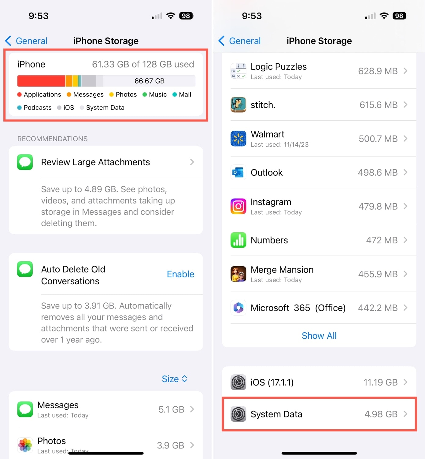 iPhone Storage and System Data