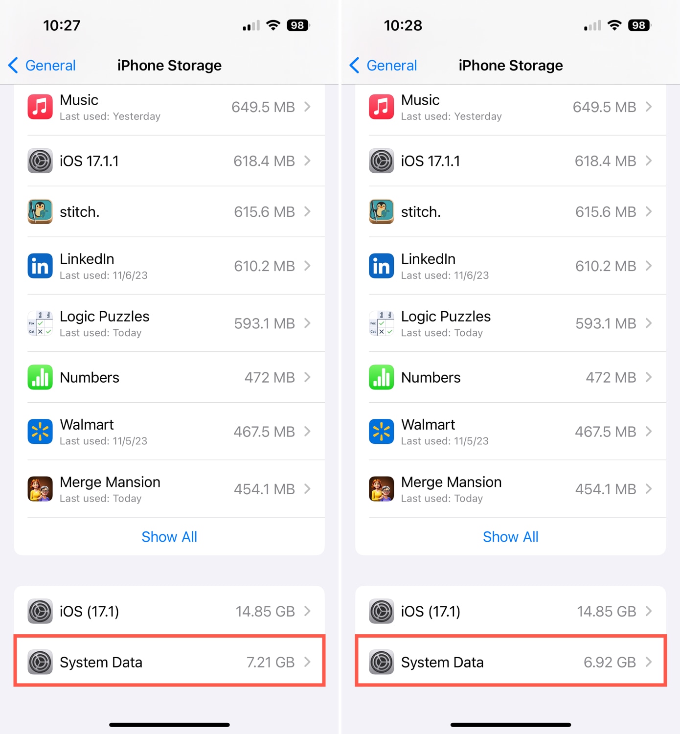 System Data before and after closing iPhone apps