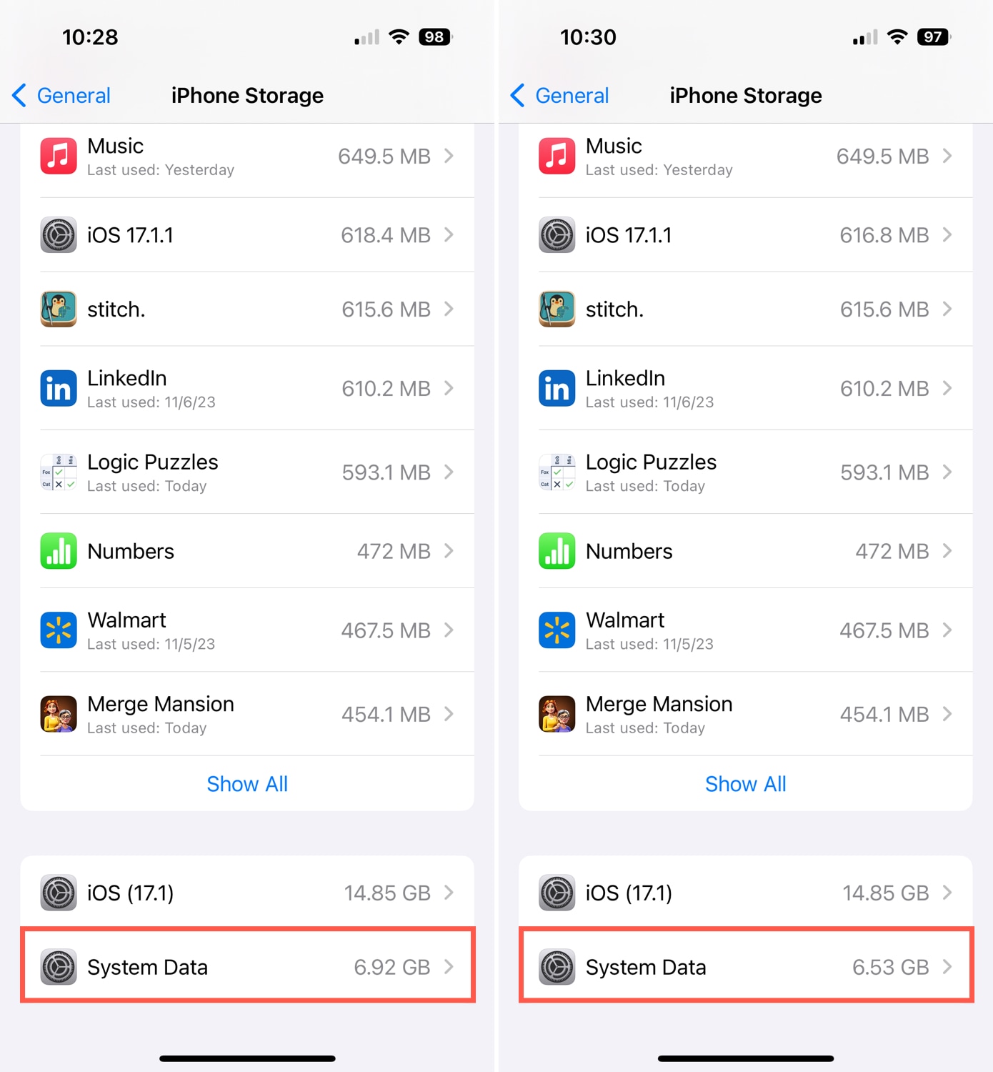 System Data before and after iPhone restart