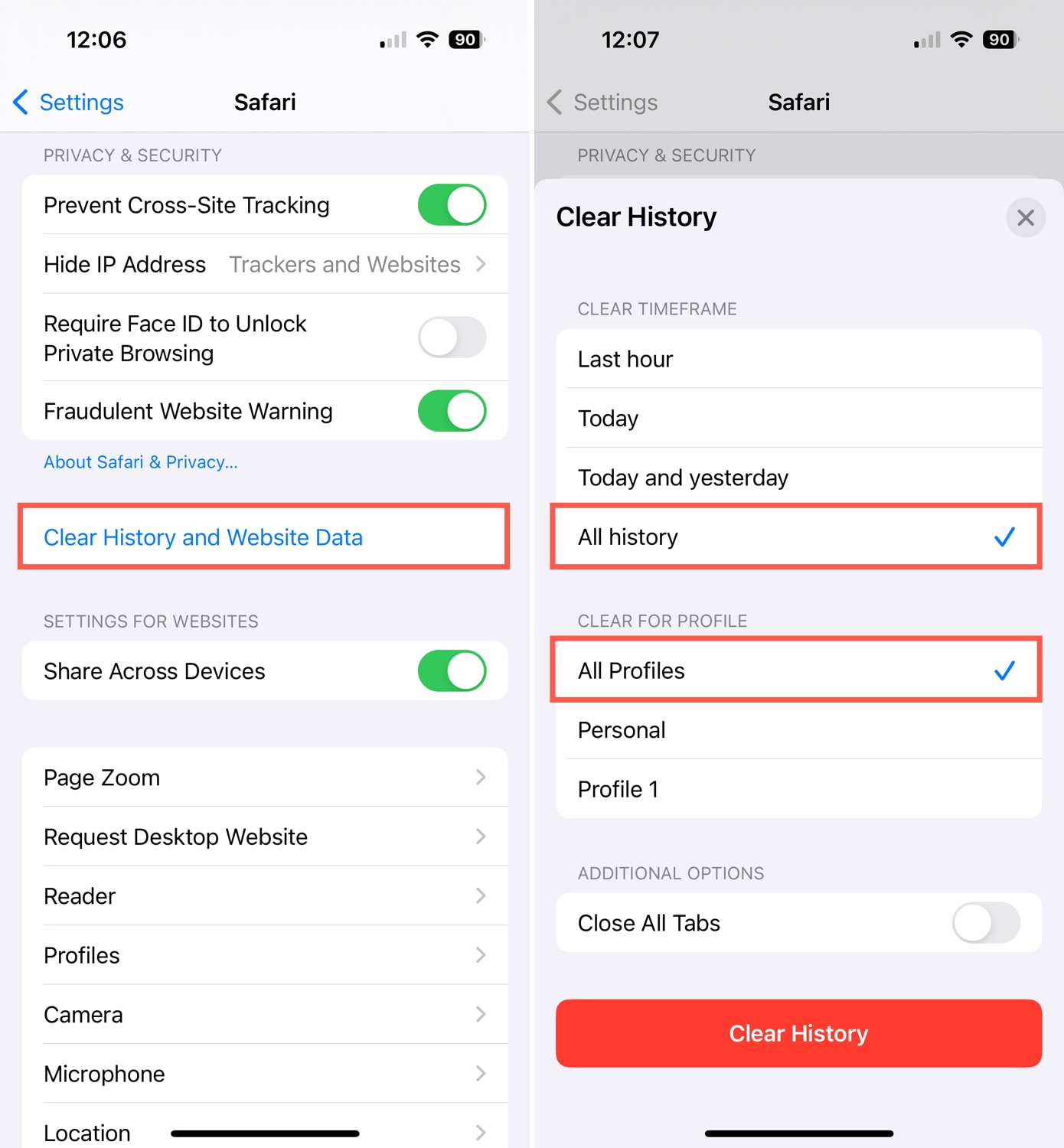 Clear History and Website Data in the Safari settings