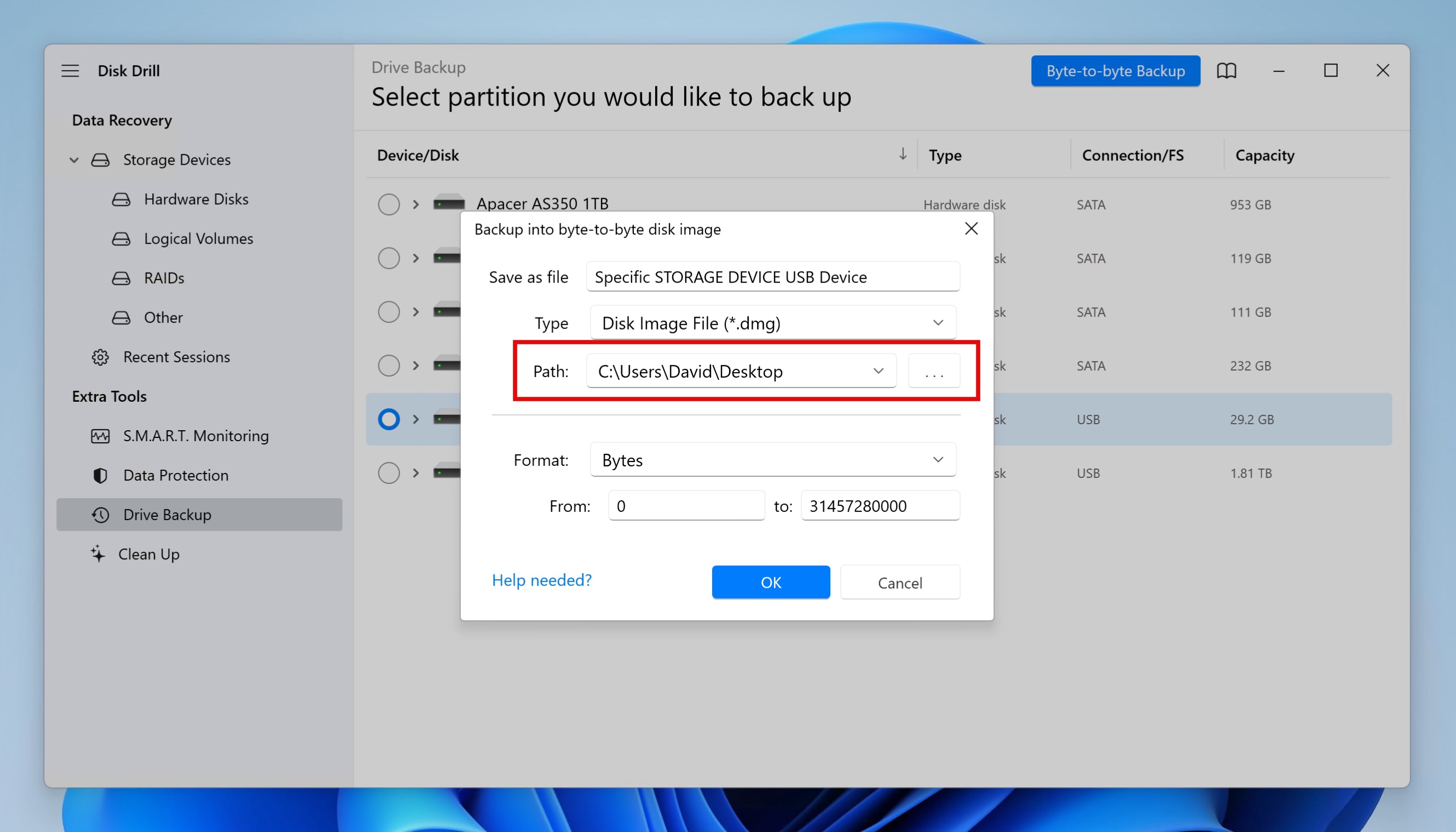 disk drill backup image path highlighted