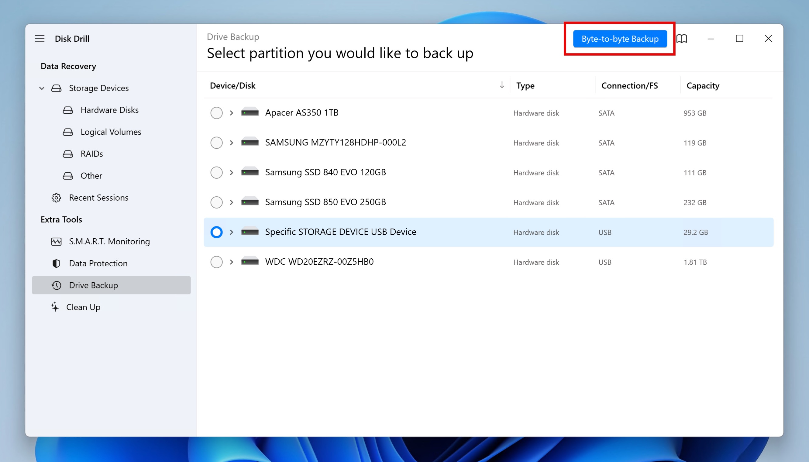 disk drill byte-to-byte backup button highlighted