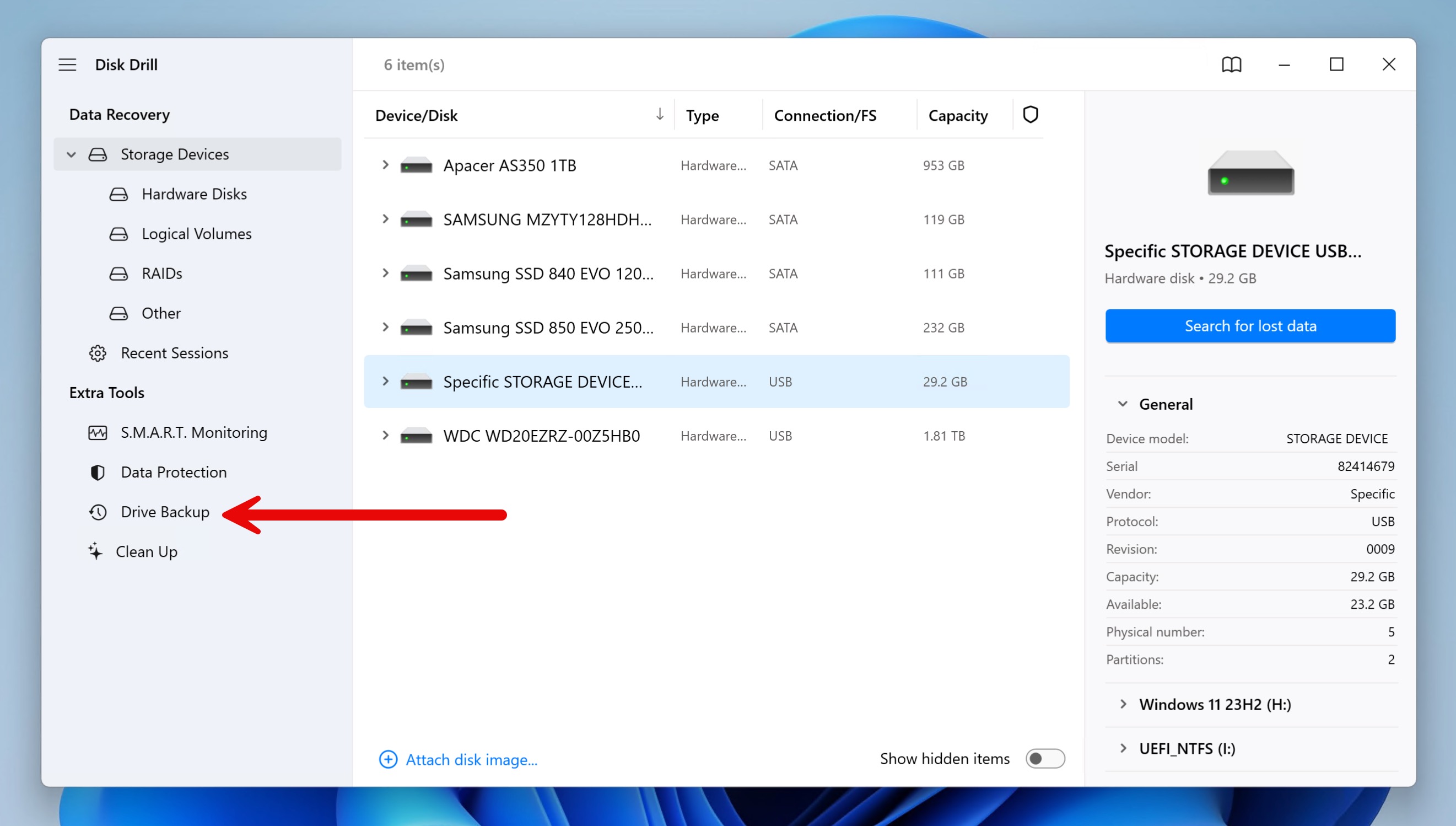 disk drill drive backup feature highlighted