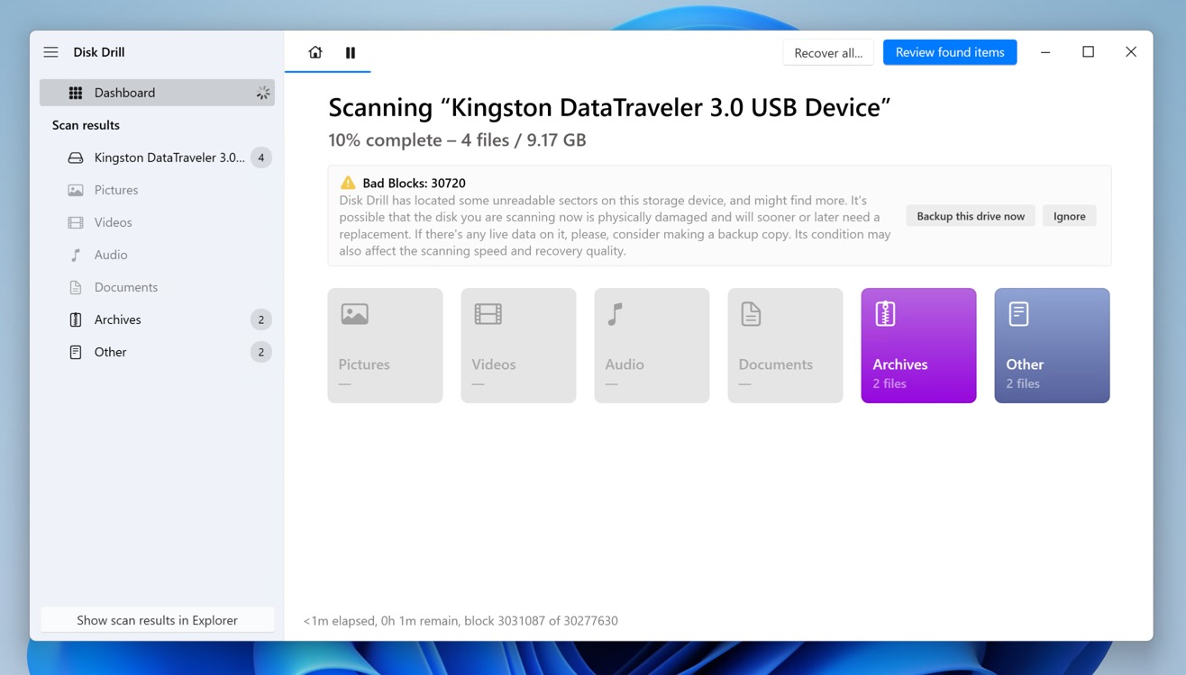 disk drill scanning usb flash drive bad blocks