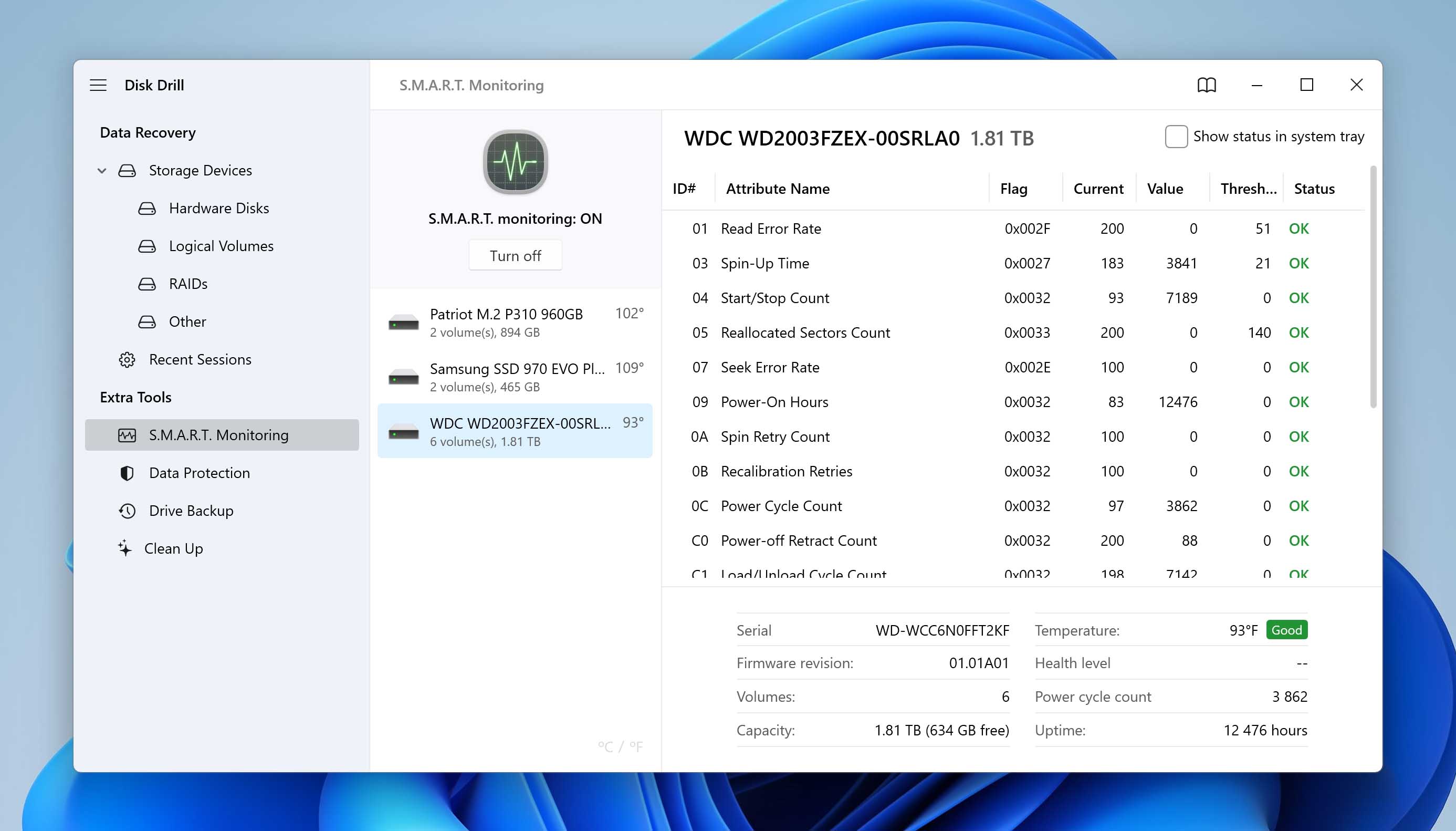 Disk Drill showing SMART data.