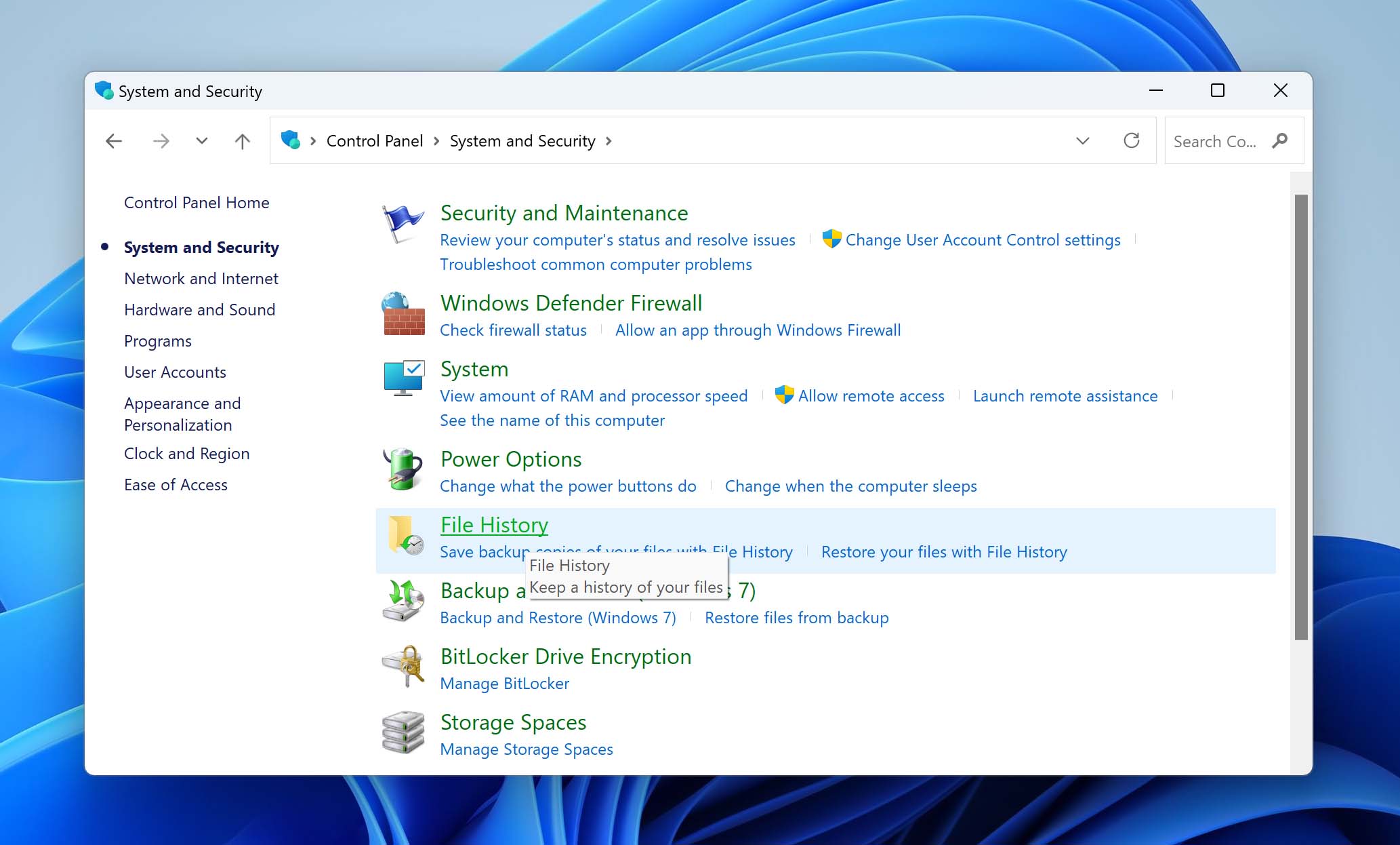 file history windows 11 select
