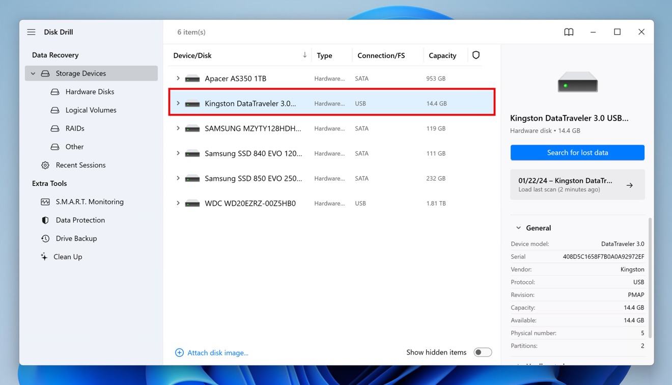 kingston usb drive selected in disk drill