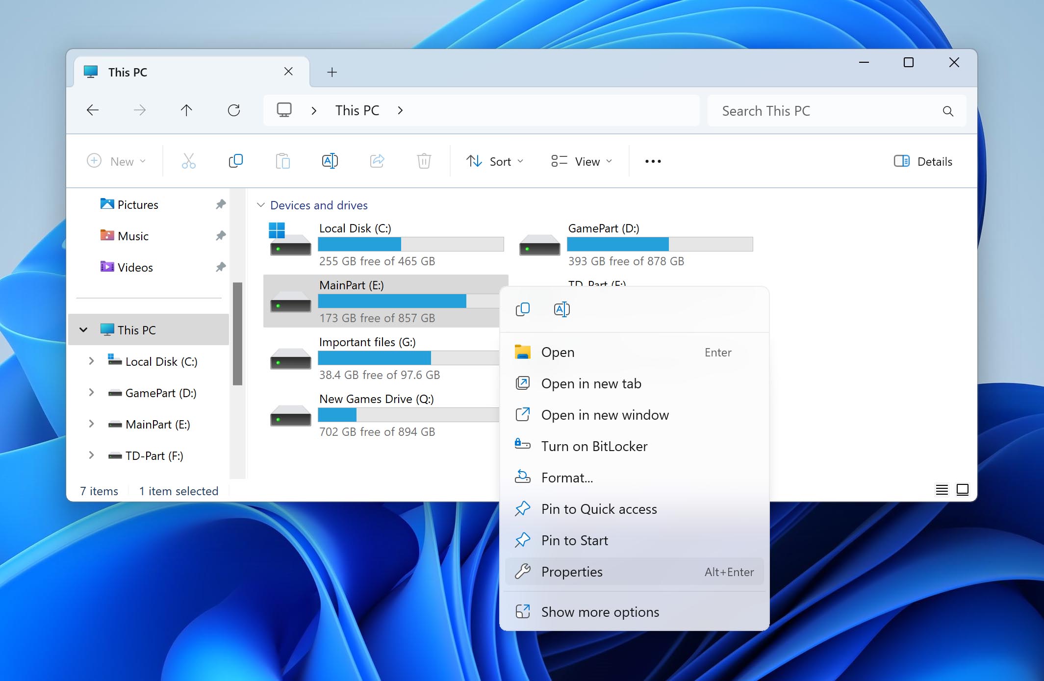 open disk properties in File Explorer