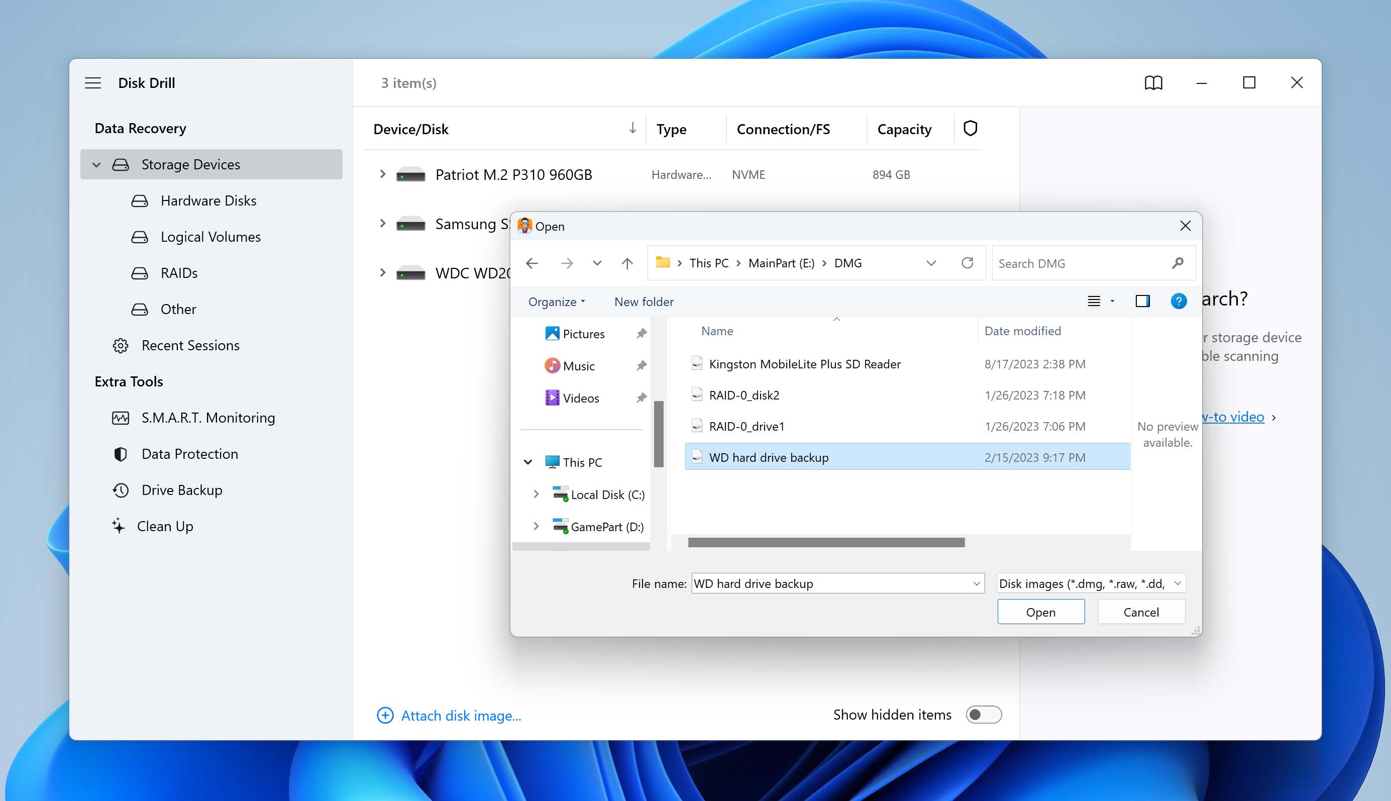 open drive backup in Disk Drill