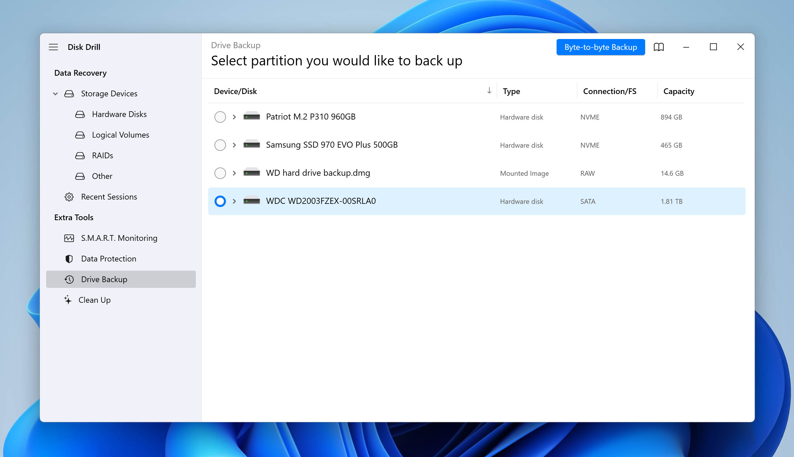 Select the failing drive, then click Byte-to-byte Backup