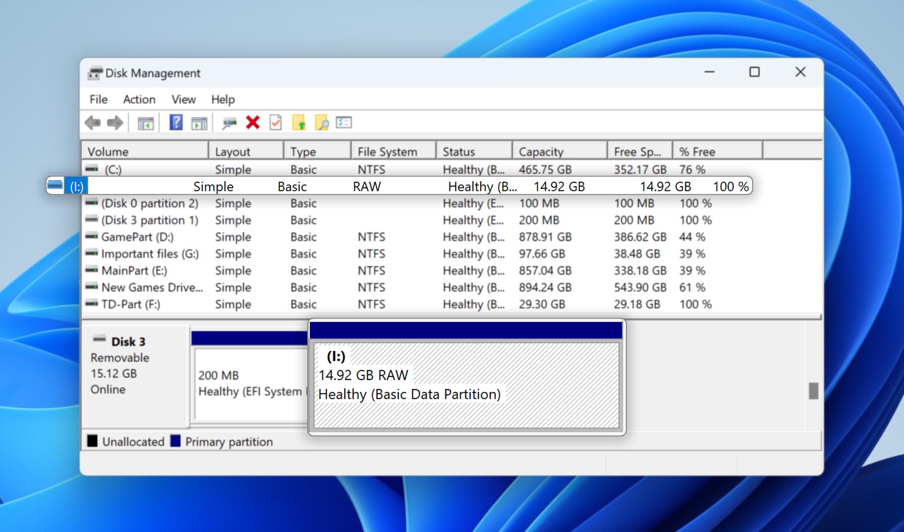 RAW USB drive in Disk Management