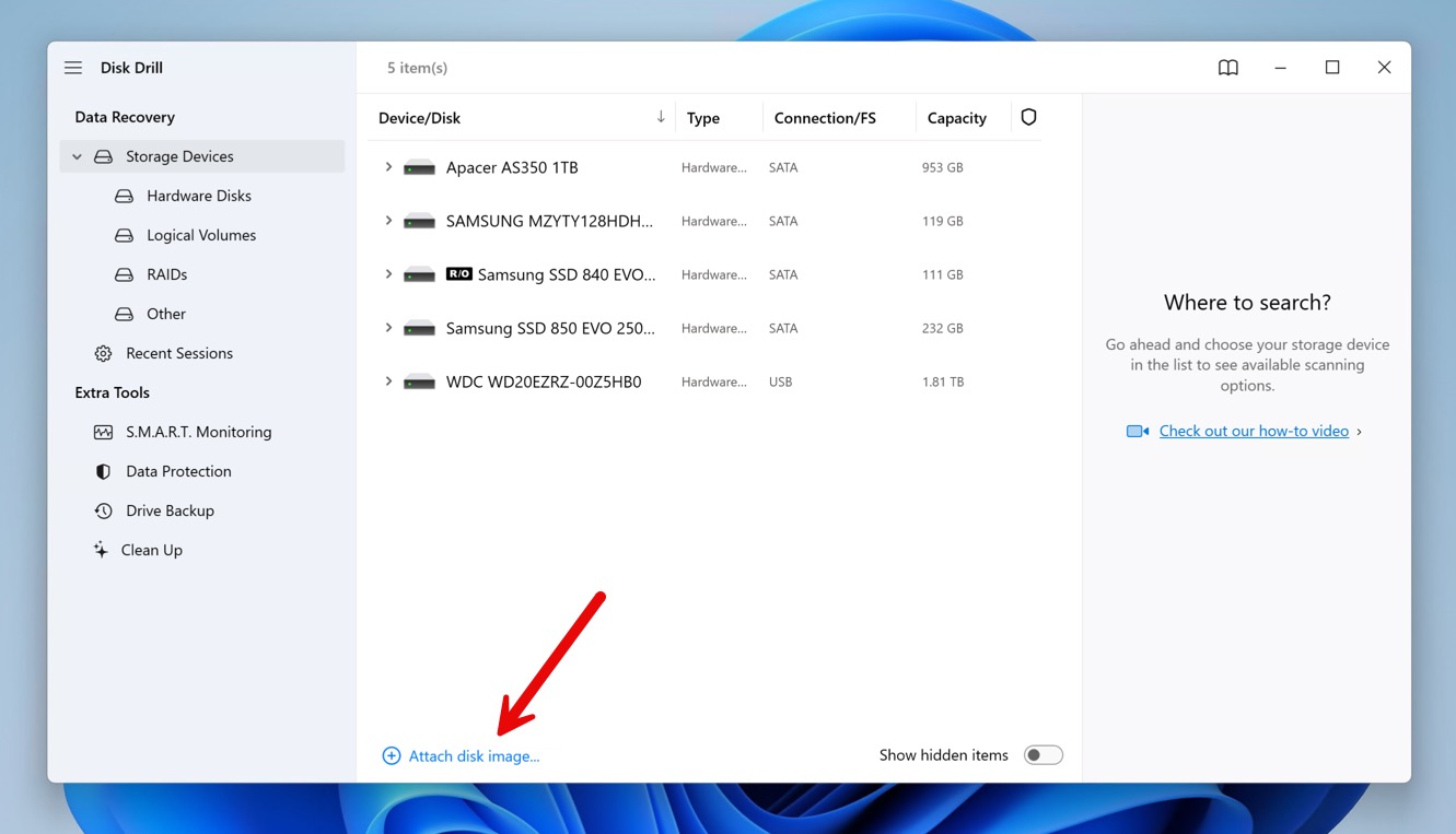 attach disk image disk drill