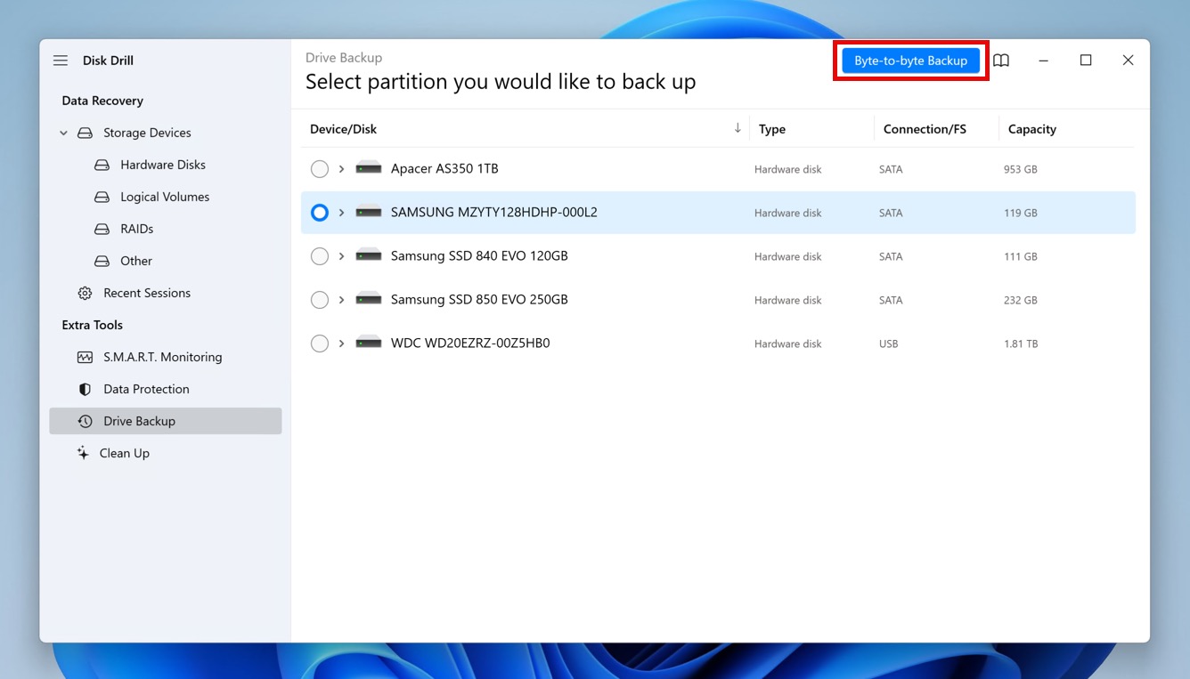 byte to byte backup button in disk drill for windows