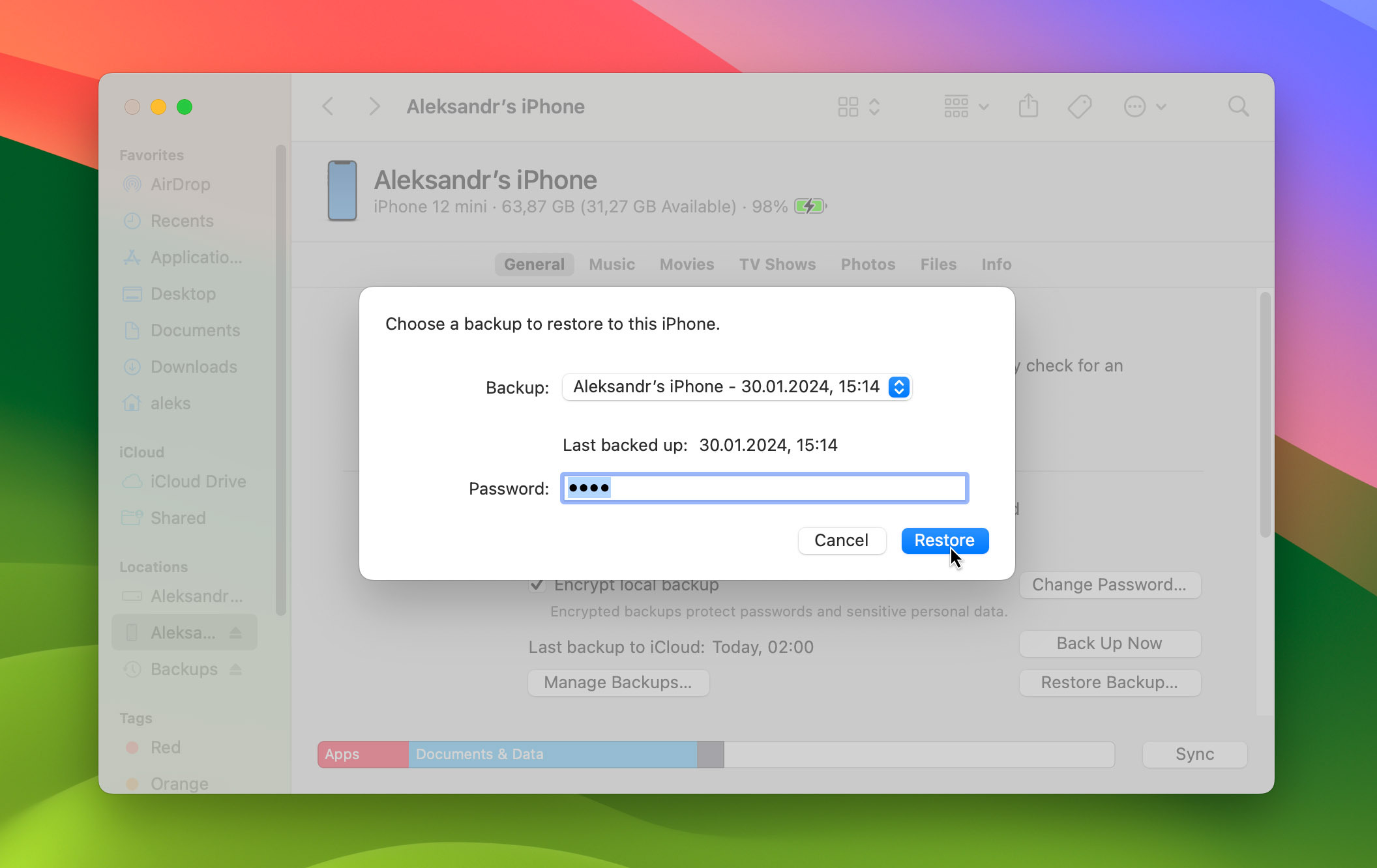 Restore iPhone backup with Finder
