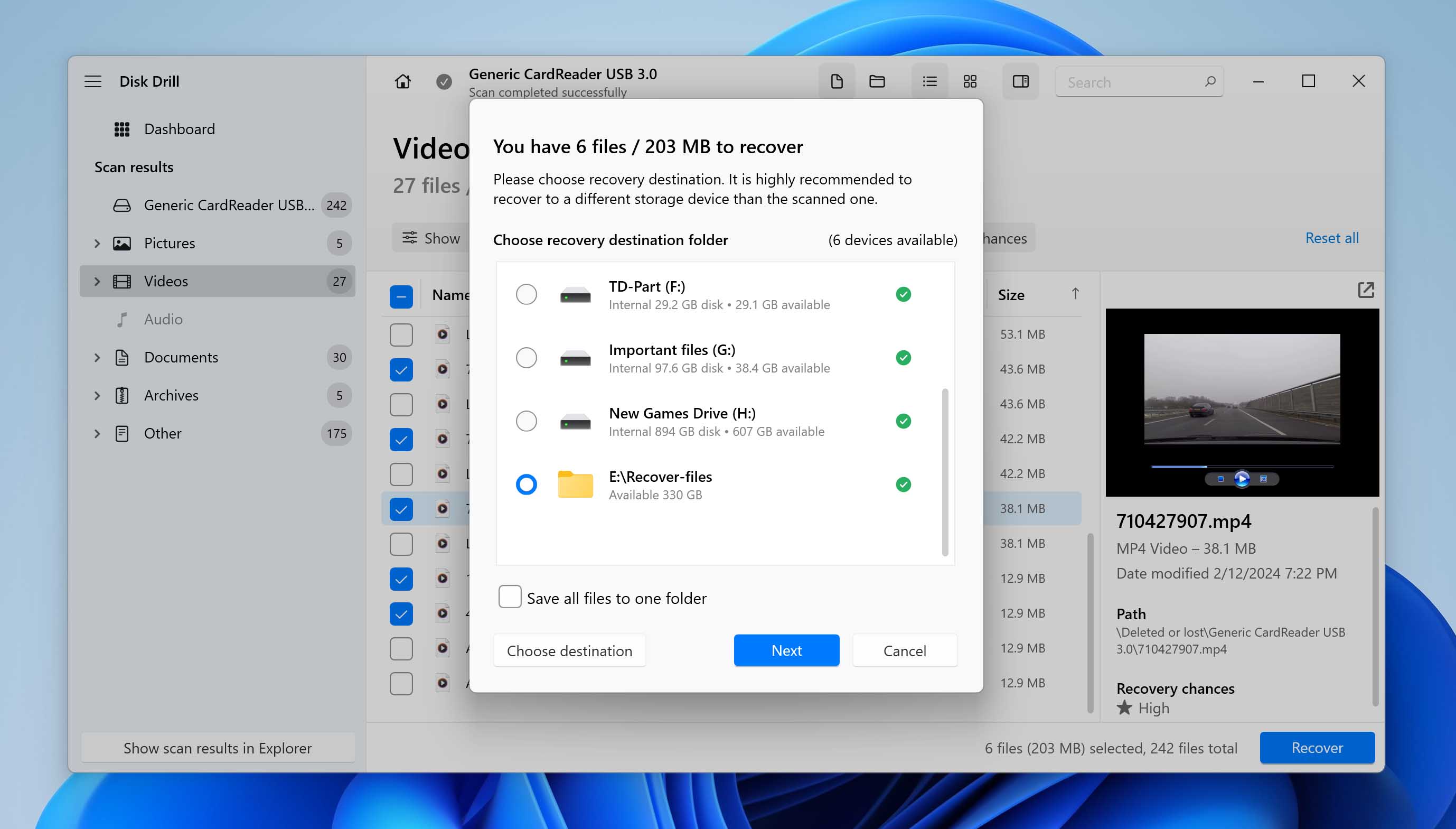 select recovery location for dashcam videos