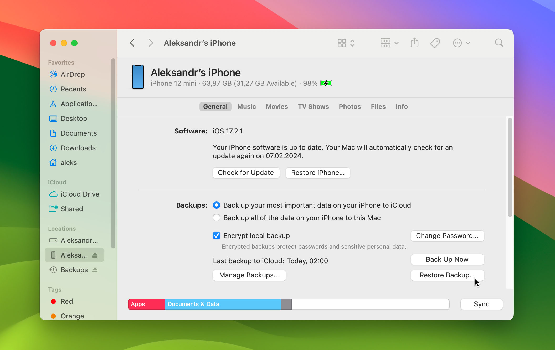Restore backup in Finder