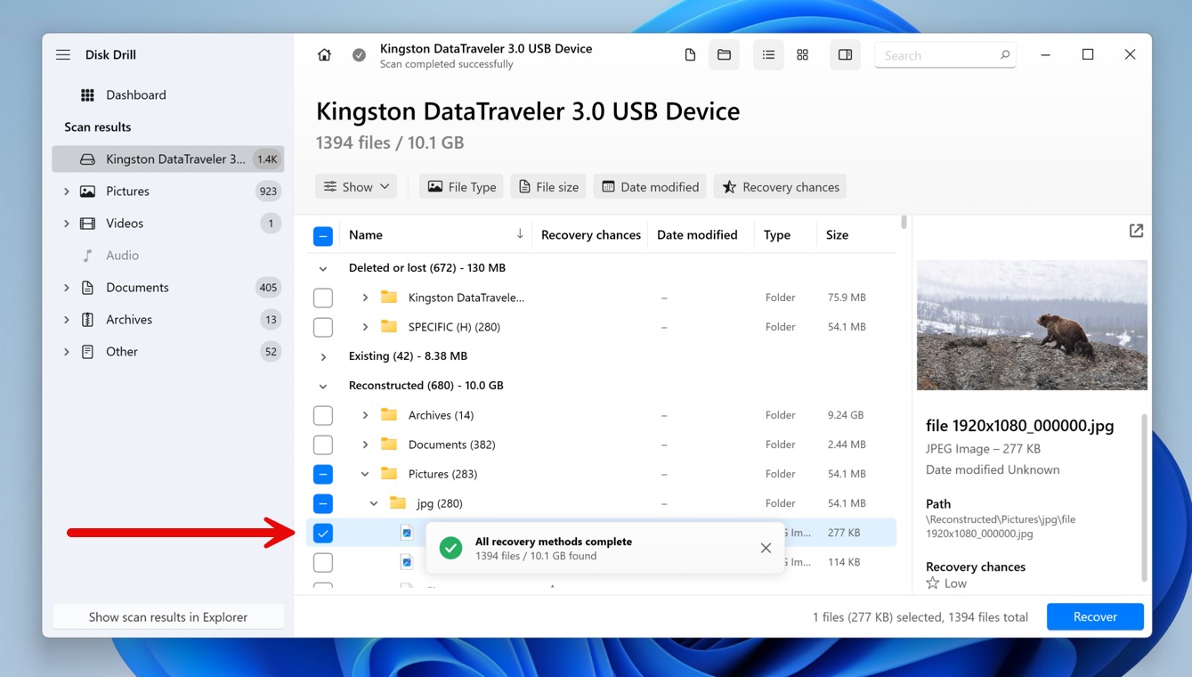 disk drill file selected from a formatted usb drive