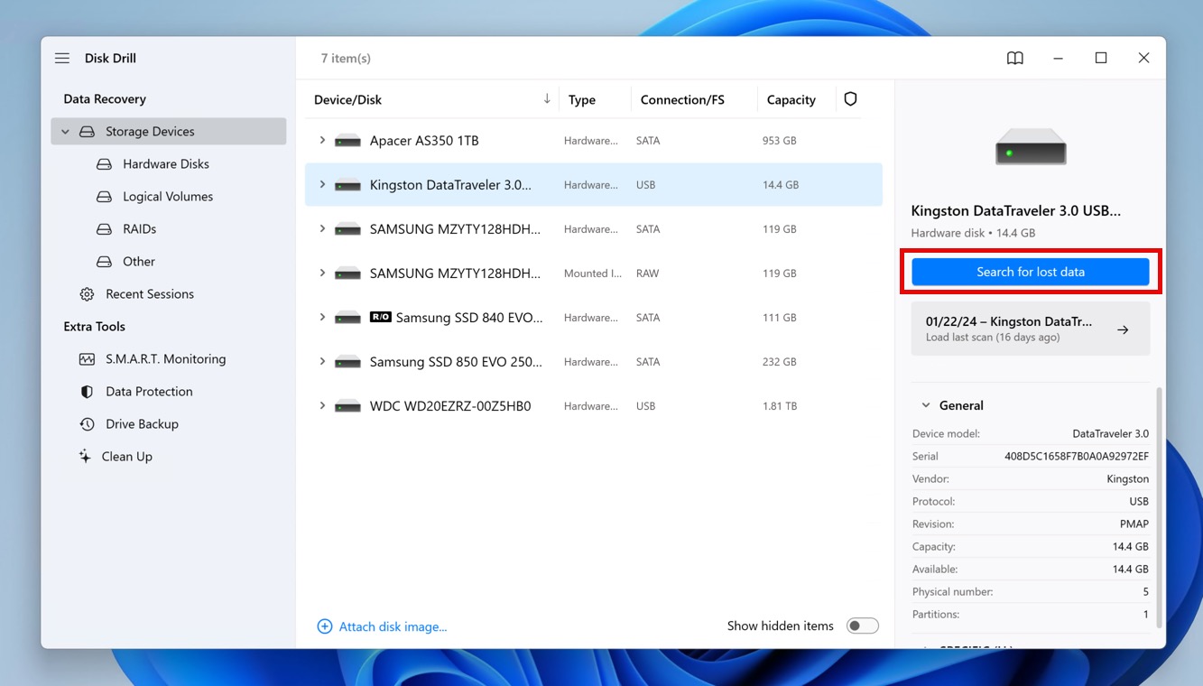 disk drill search for lost data formatted usb flash drive selected